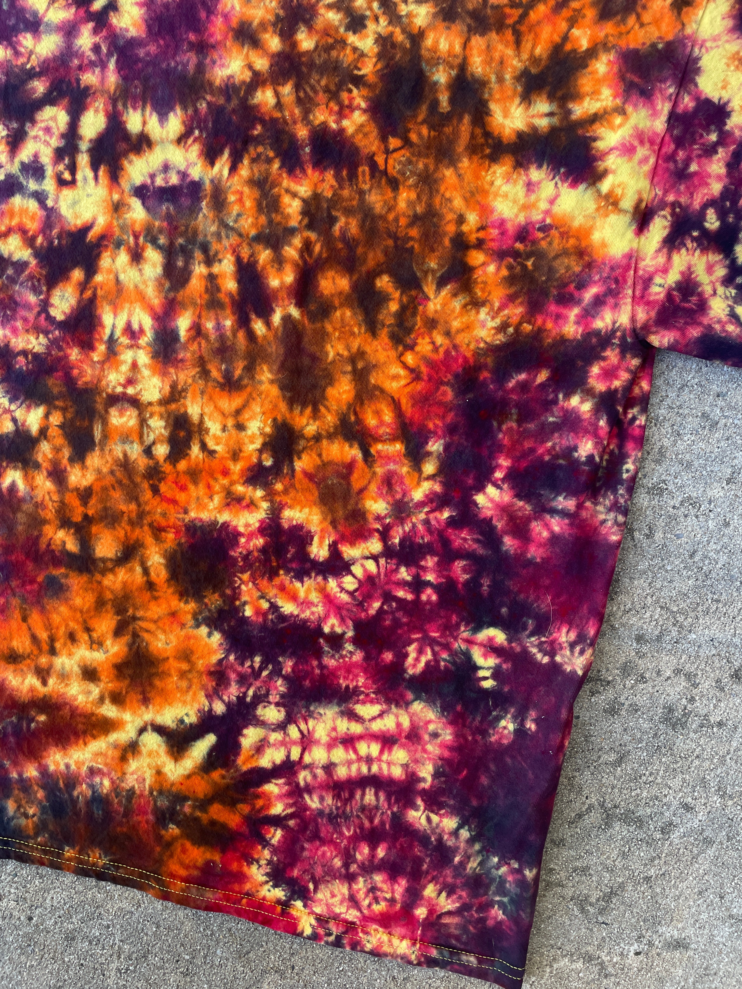 Hand-Printed Skeleton Heart Hands Orange, Yellow, and Black Tie Dye Short Sleeve T-Shirt | Men's Size Large