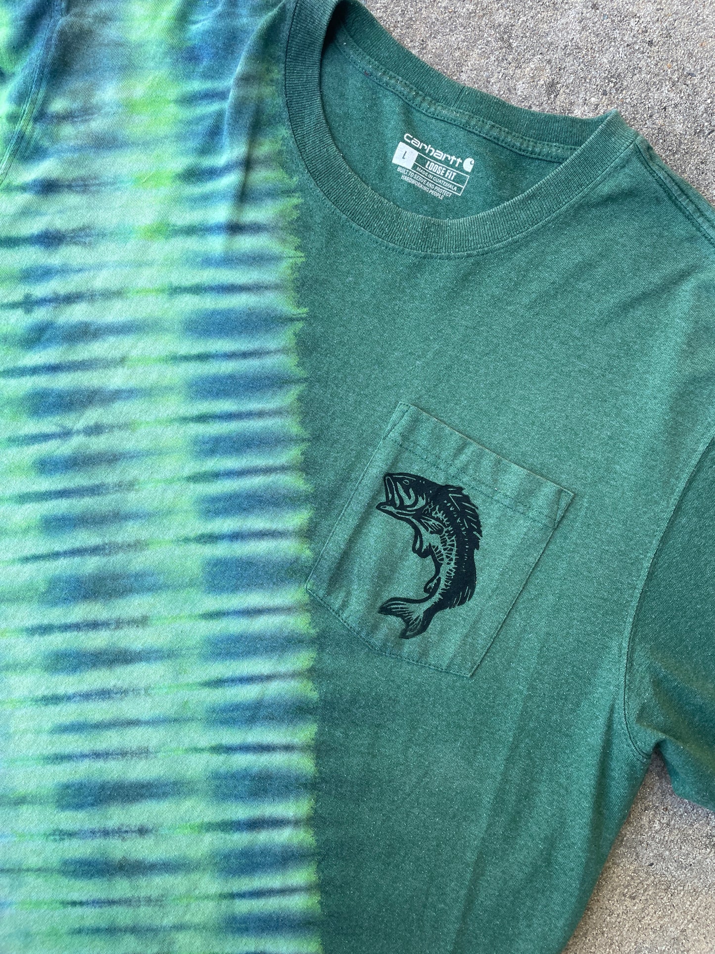 Carhartt Hand-Printed Largemouth Bass Green and Blue Reverse Tie Dye Short Sleeve T-Shirt | Men's Size Large