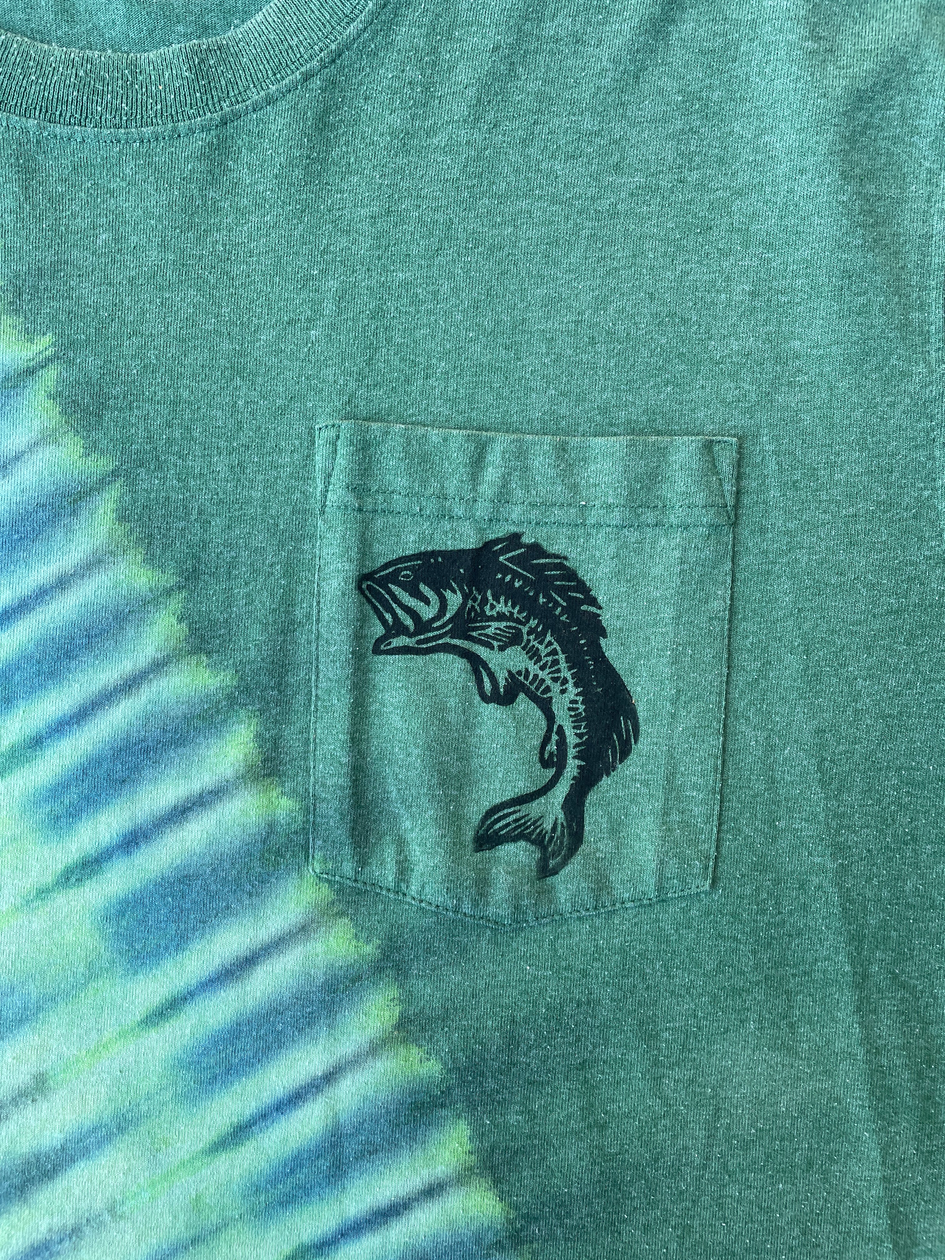 Carhartt Hand-Printed Largemouth Bass Green and Blue Reverse Tie Dye Short Sleeve T-Shirt | Men's Size Large