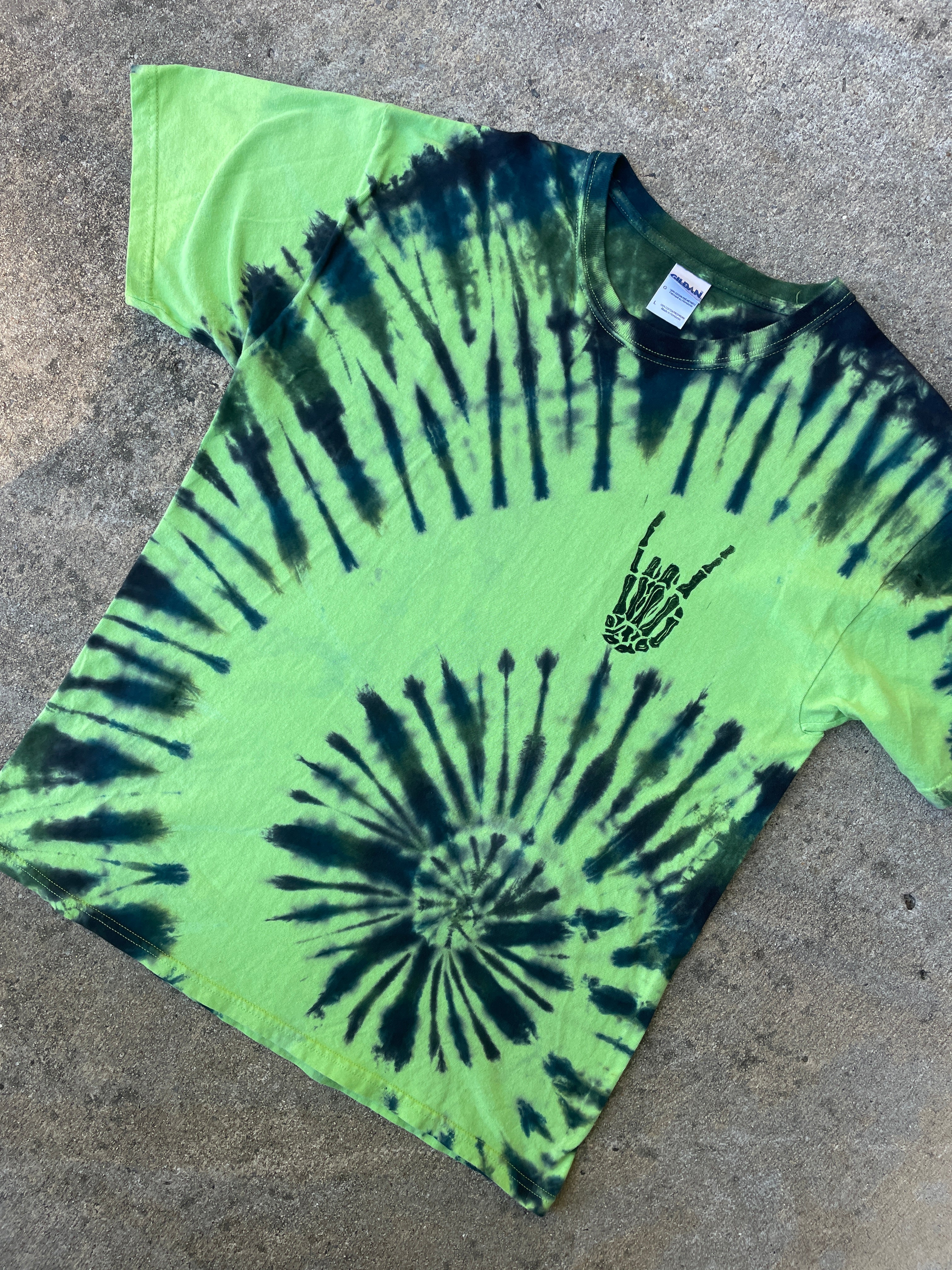 Hand-Printed Skeleton Rock On Green and Blue Spiral Tie Dye Short Sleeve T-Shirt | Men's Size Large