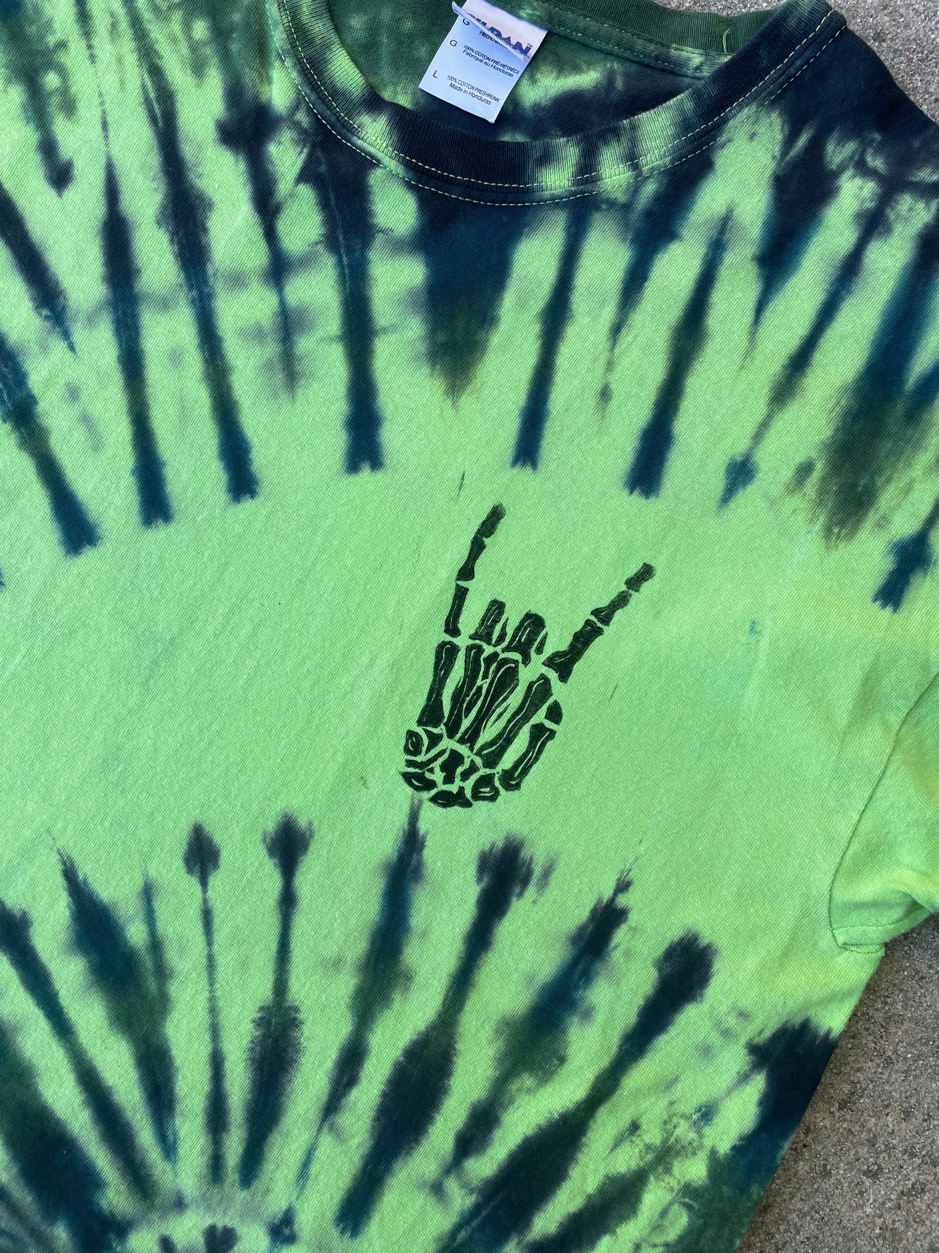 Hand-Printed Skeleton Rock On Green and Blue Spiral Tie Dye Short Sleeve T-Shirt | Men's Size Large