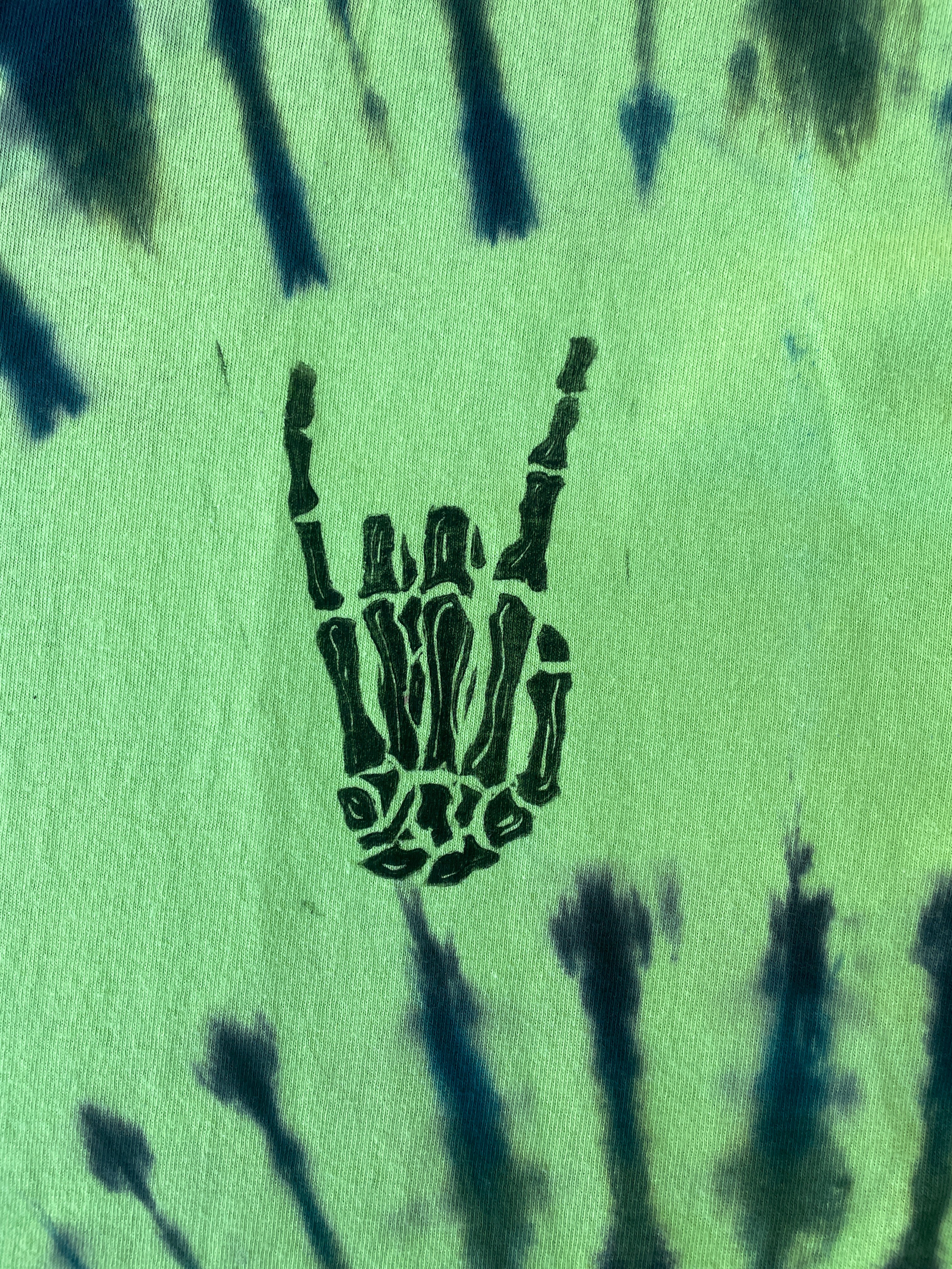 Hand-Printed Skeleton Rock On Green and Blue Spiral Tie Dye Short Sleeve T-Shirt | Men's Size Large