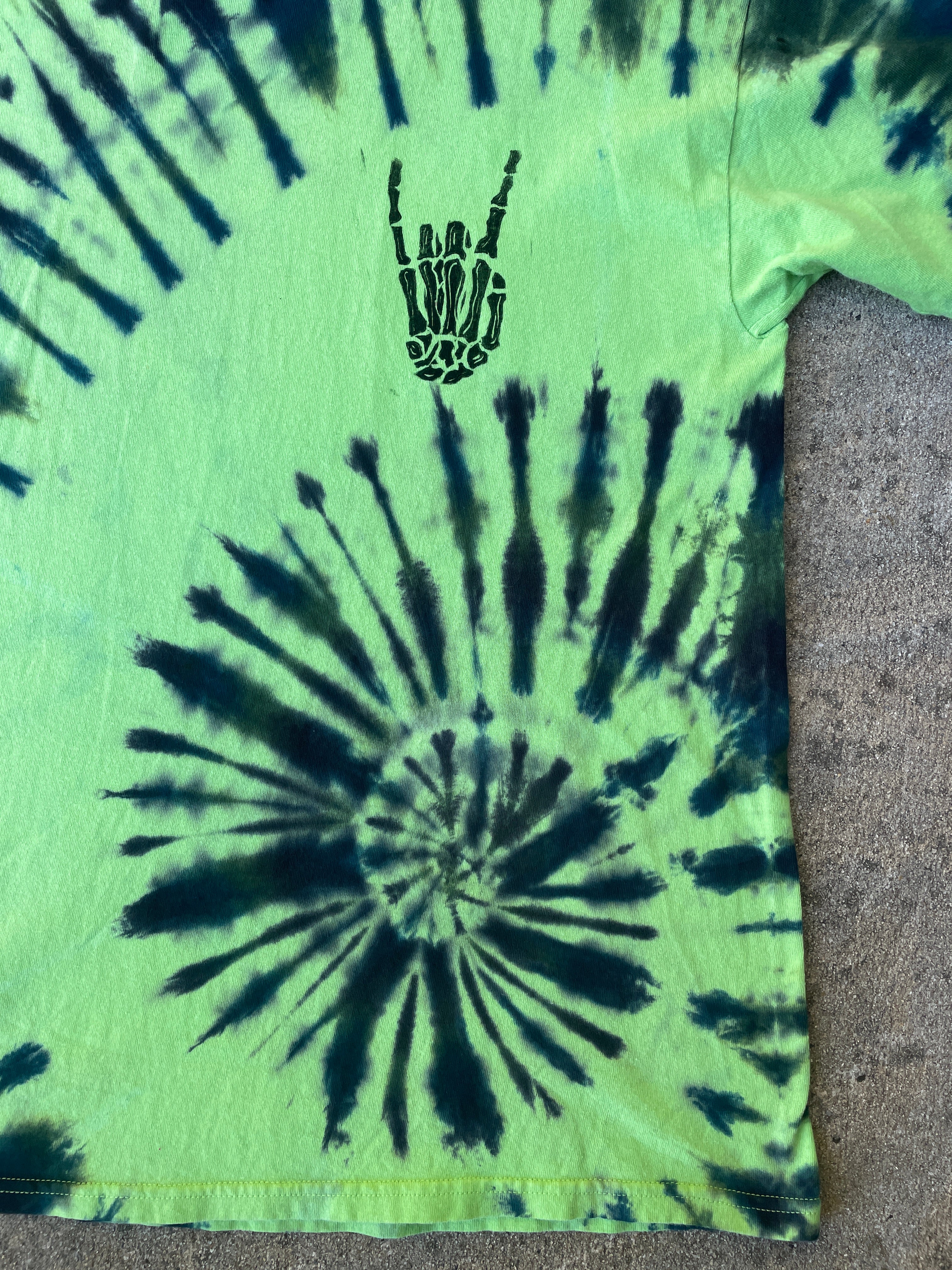 Hand-Printed Skeleton Rock On Green and Blue Spiral Tie Dye Short Sleeve T-Shirt | Men's Size Large