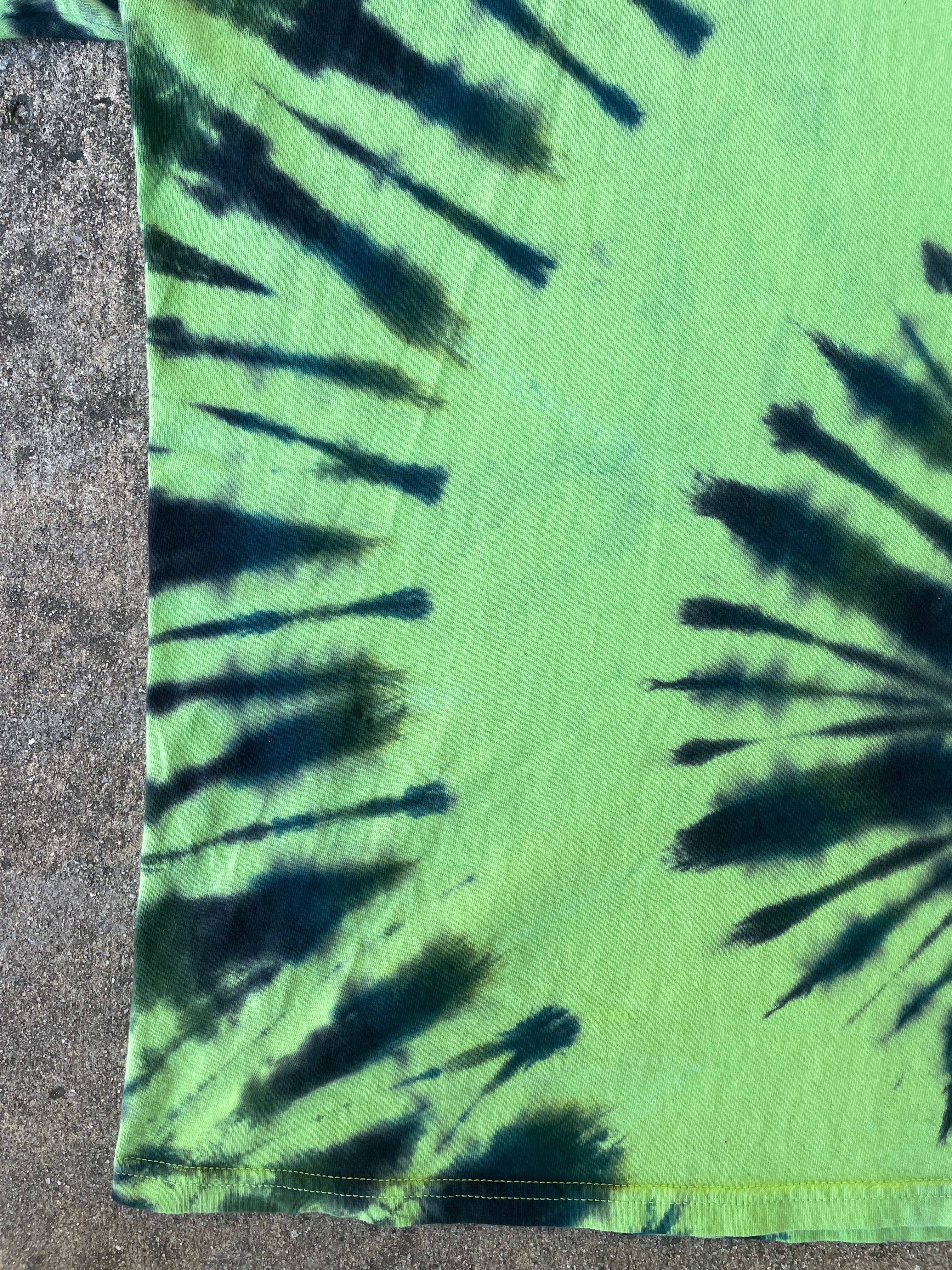 Hand-Printed Skeleton Rock On Green and Blue Spiral Tie Dye Short Sleeve T-Shirt | Men's Size Large