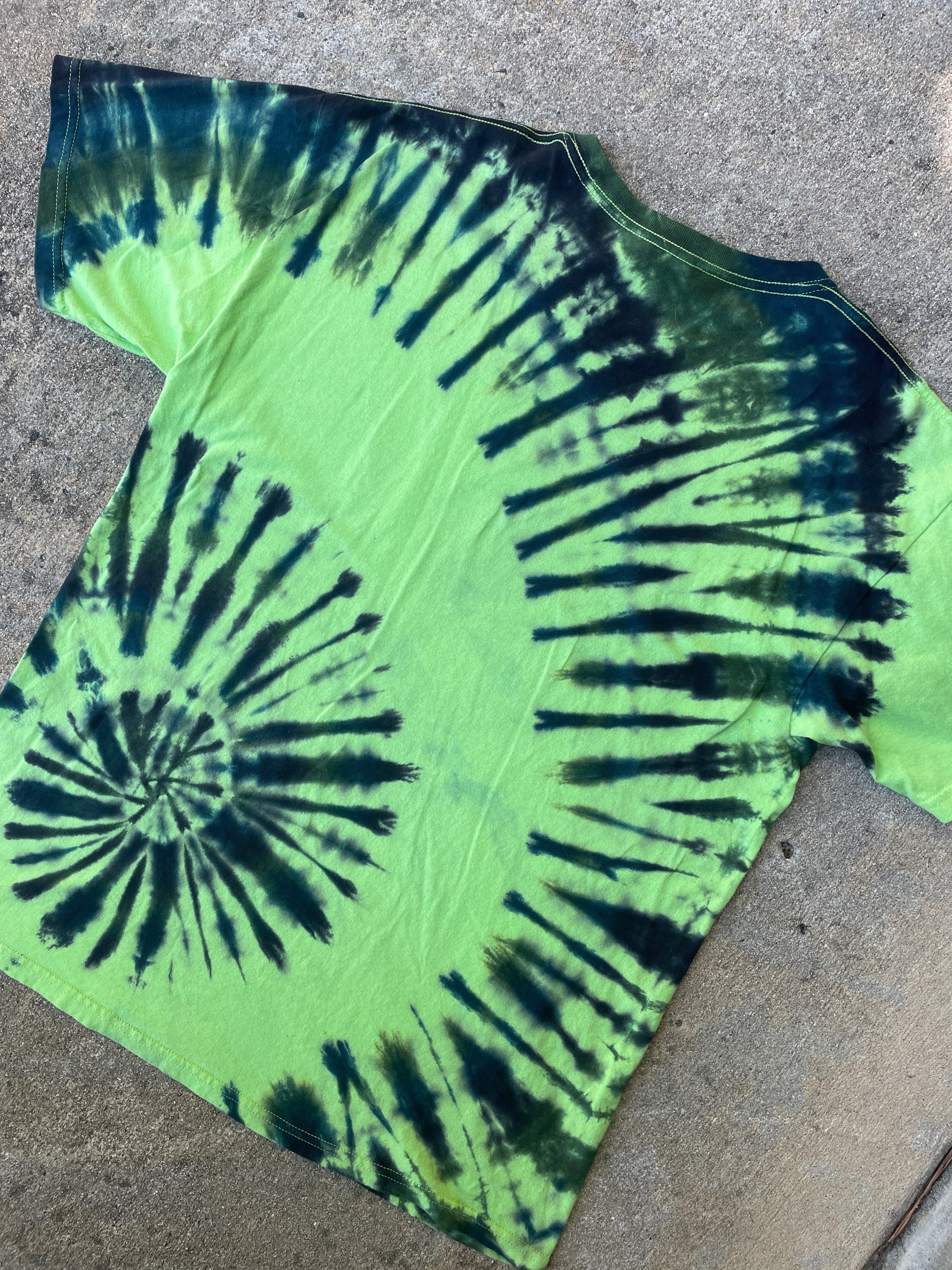 Hand-Printed Skeleton Rock On Green and Blue Spiral Tie Dye Short Sleeve T-Shirt | Men's Size Large