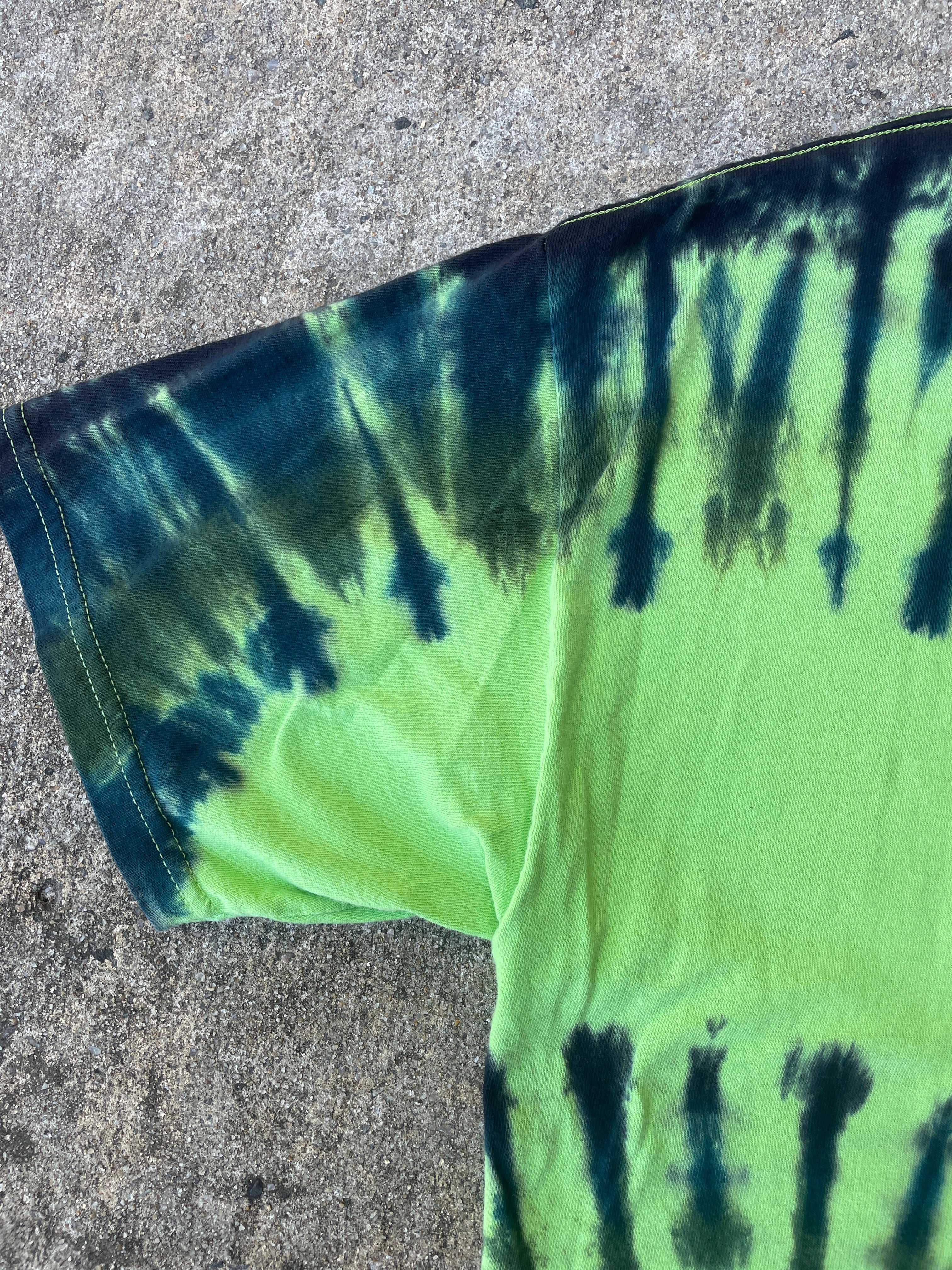 Hand-Printed Skeleton Rock On Green and Blue Spiral Tie Dye Short Sleeve T-Shirt | Men's Size Large