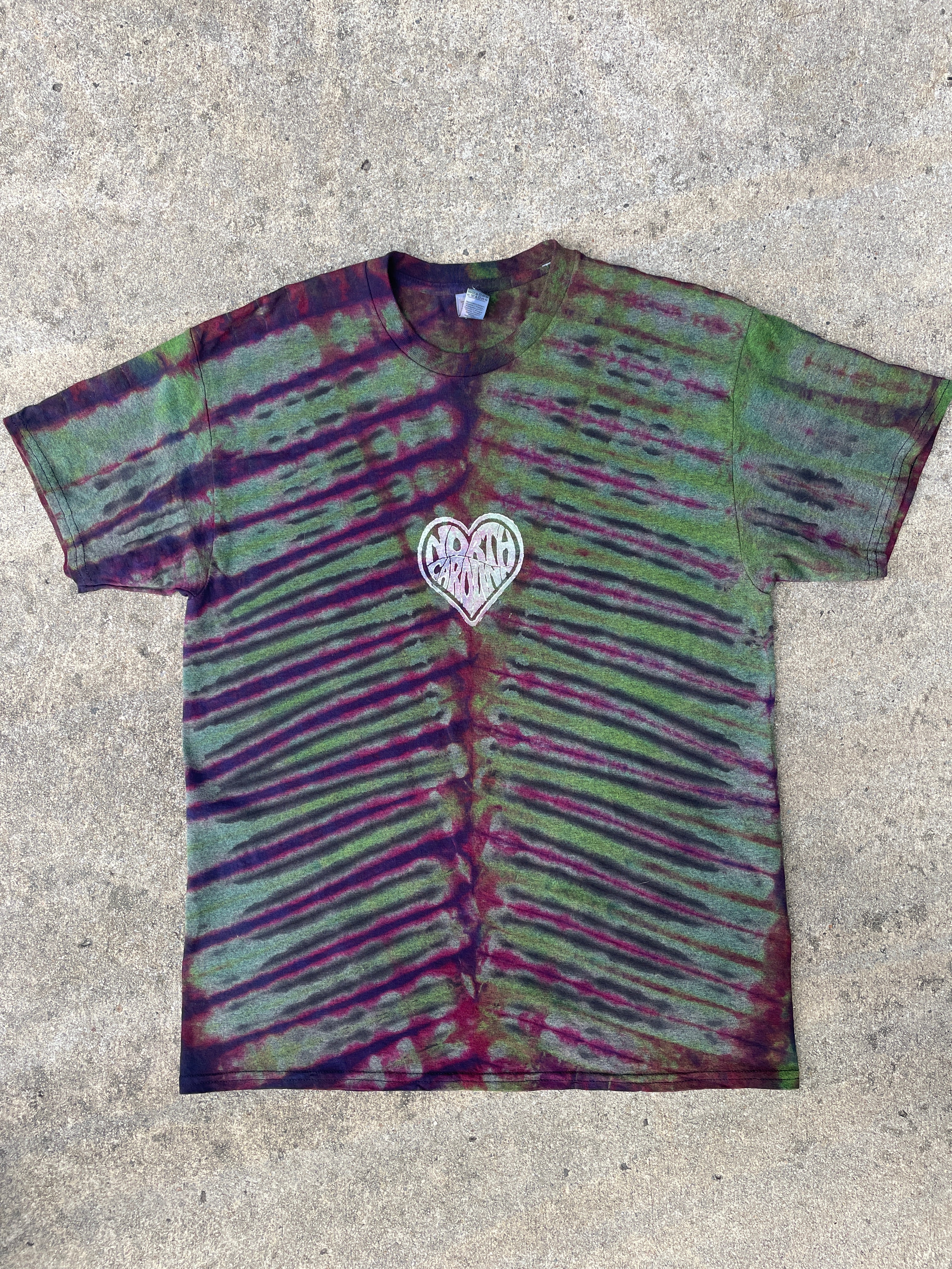 Hand-Printed North Carolina Green and Pink Reverse Tie Dye Short Sleeve T-Shirt | Men's Size Large