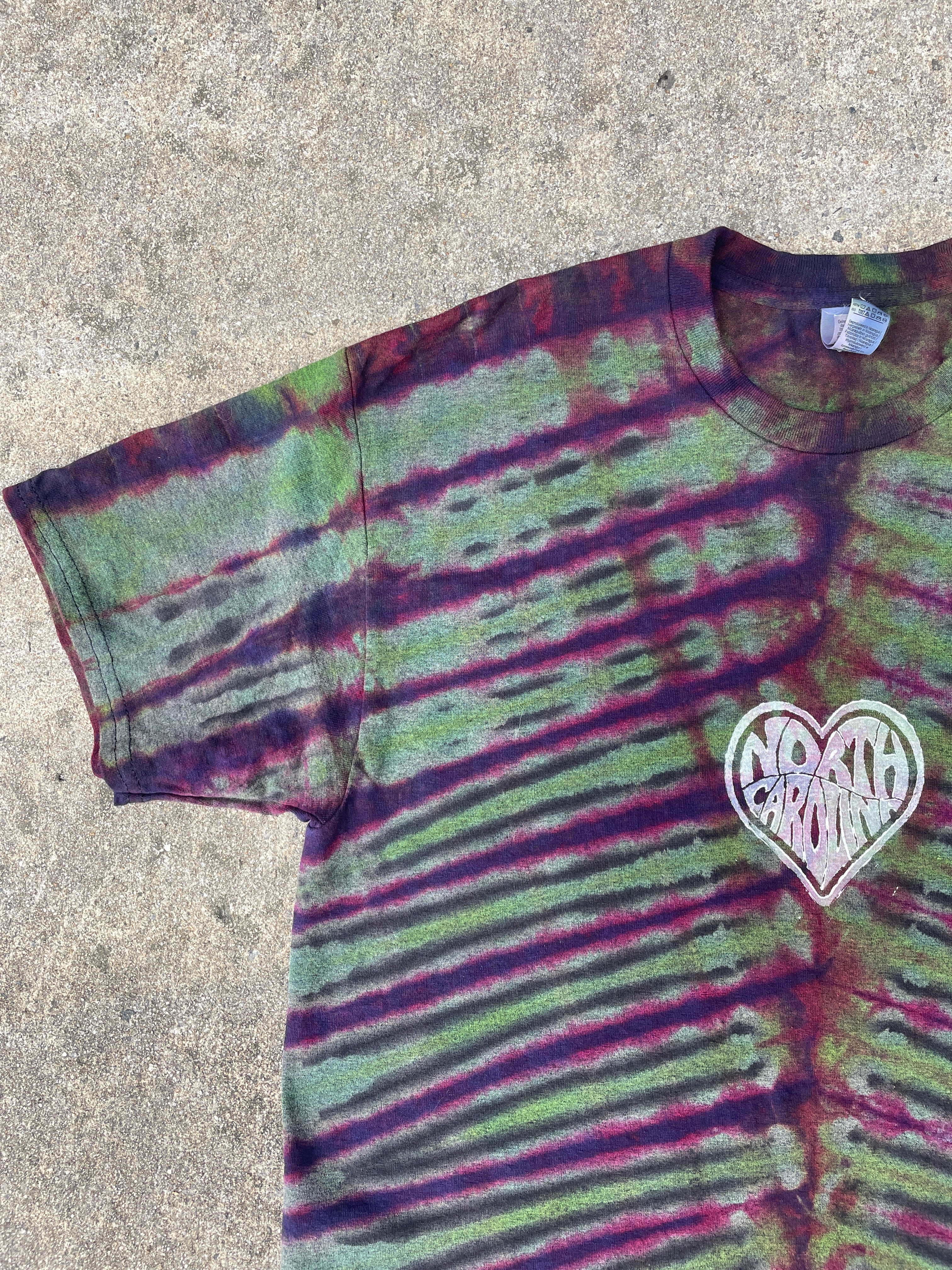 Hand-Printed North Carolina Green and Pink Reverse Tie Dye Short Sleeve T-Shirt | Men's Size Large