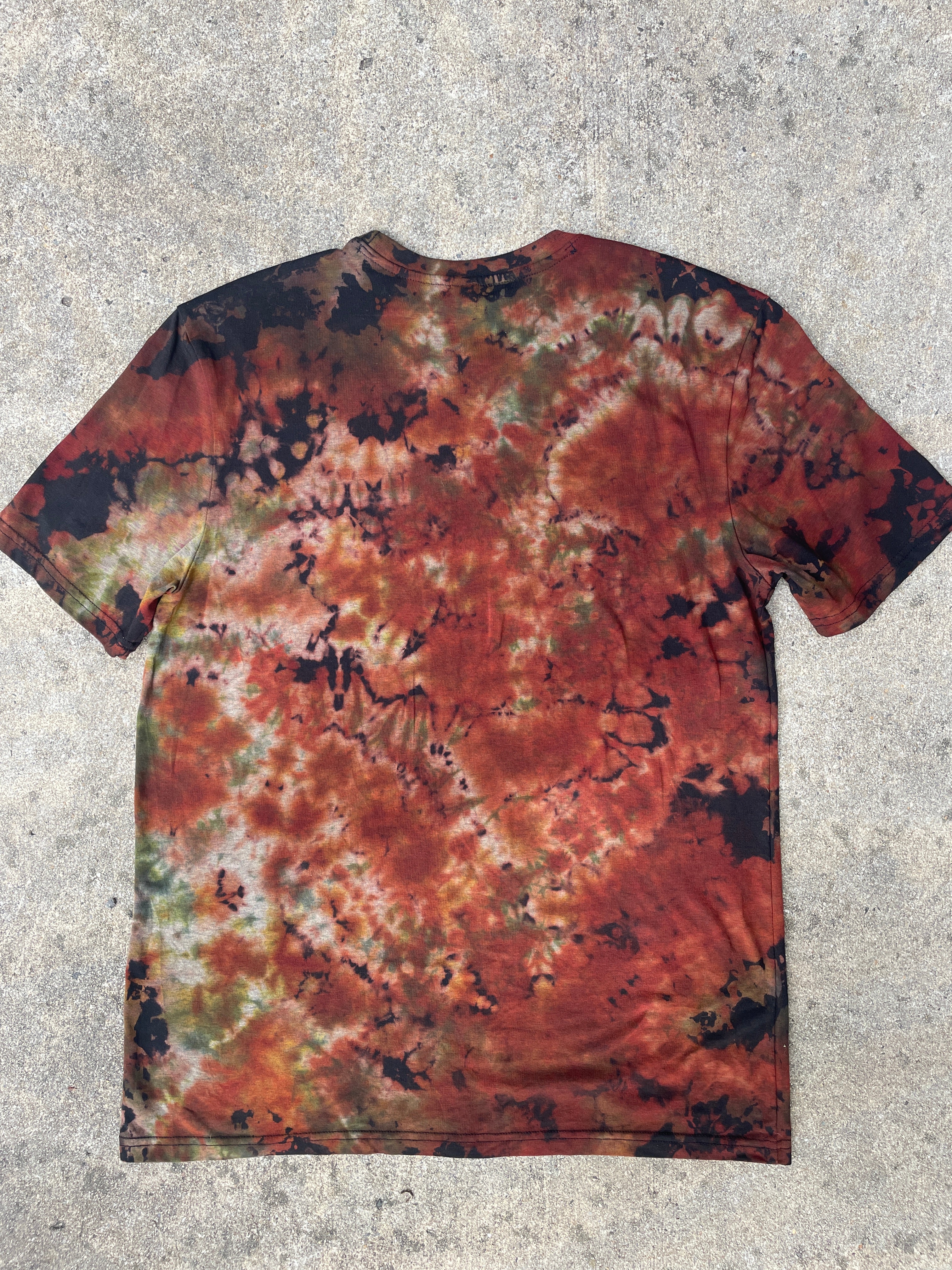 Hand-Printed Skeleton Heart Hands Black and Orange Reverse Tie Dye Short Sleeve T-Shirt | Men's Size Large