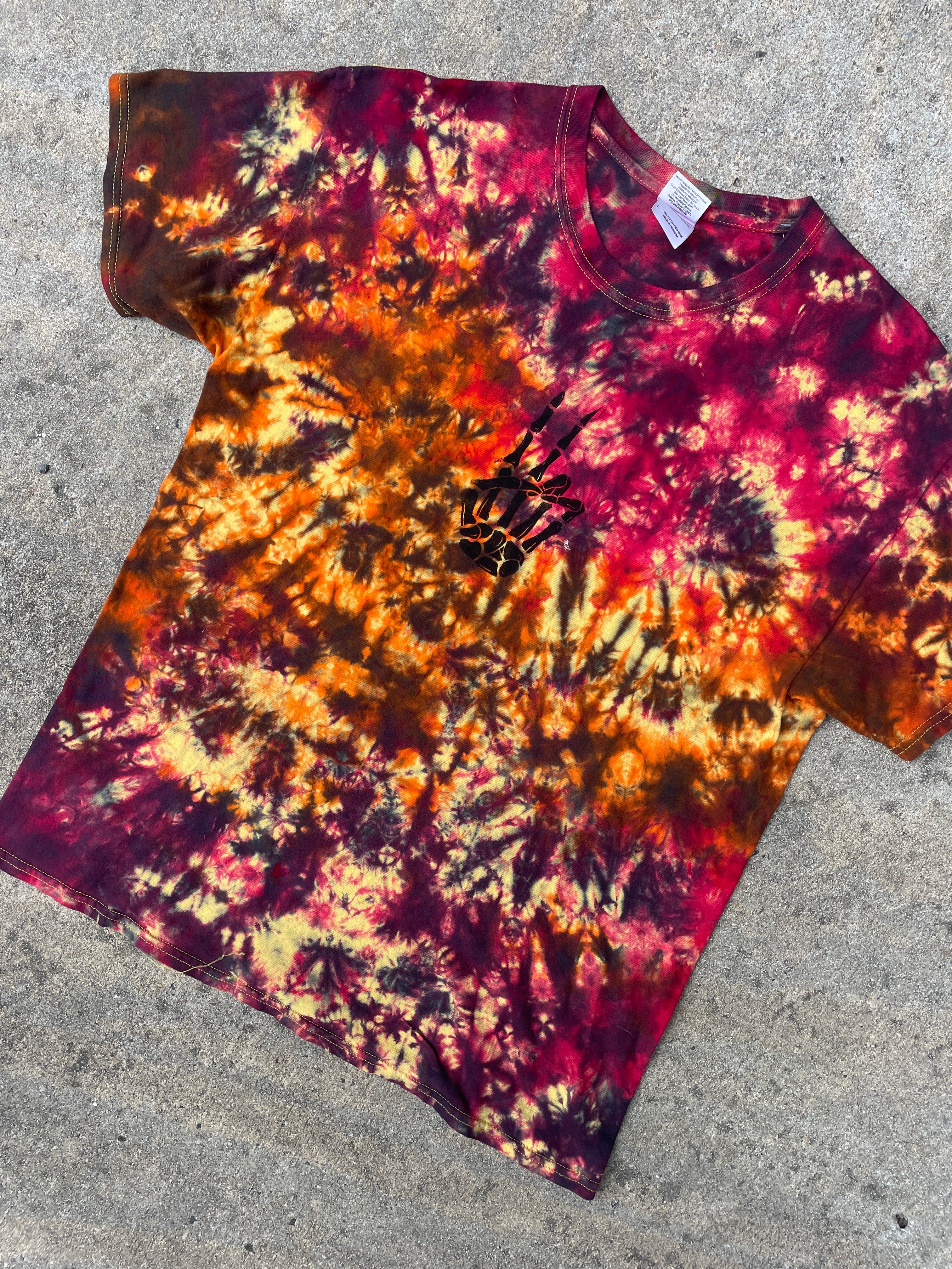 Hand-Printed Skeleton Peace Sign Yellow and Orange Tie Dye Short Sleeve T-Shirt | Men's Size Large