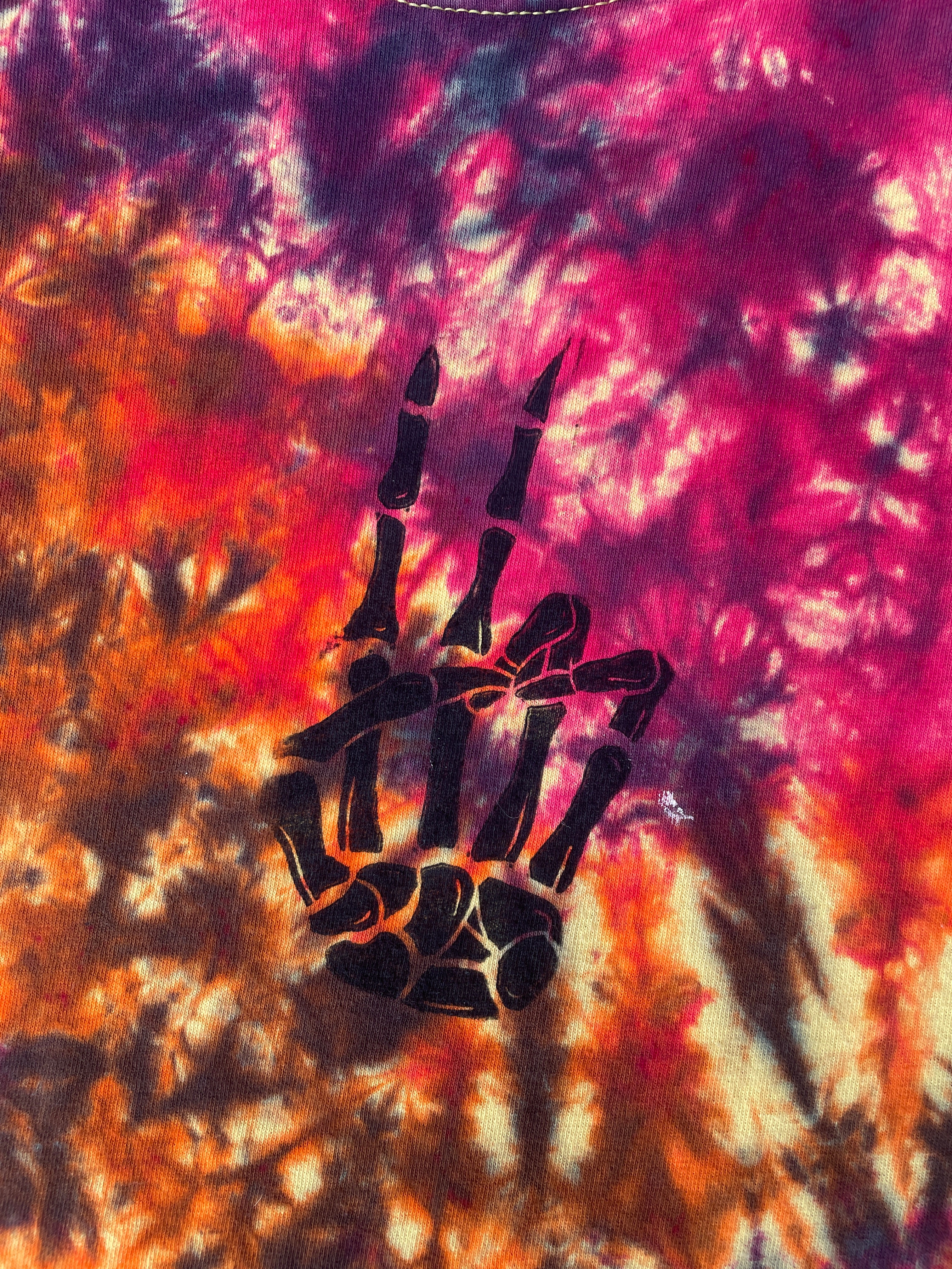 Hand-Printed Skeleton Peace Sign Yellow and Orange Tie Dye Short Sleeve T-Shirt | Men's Size Large