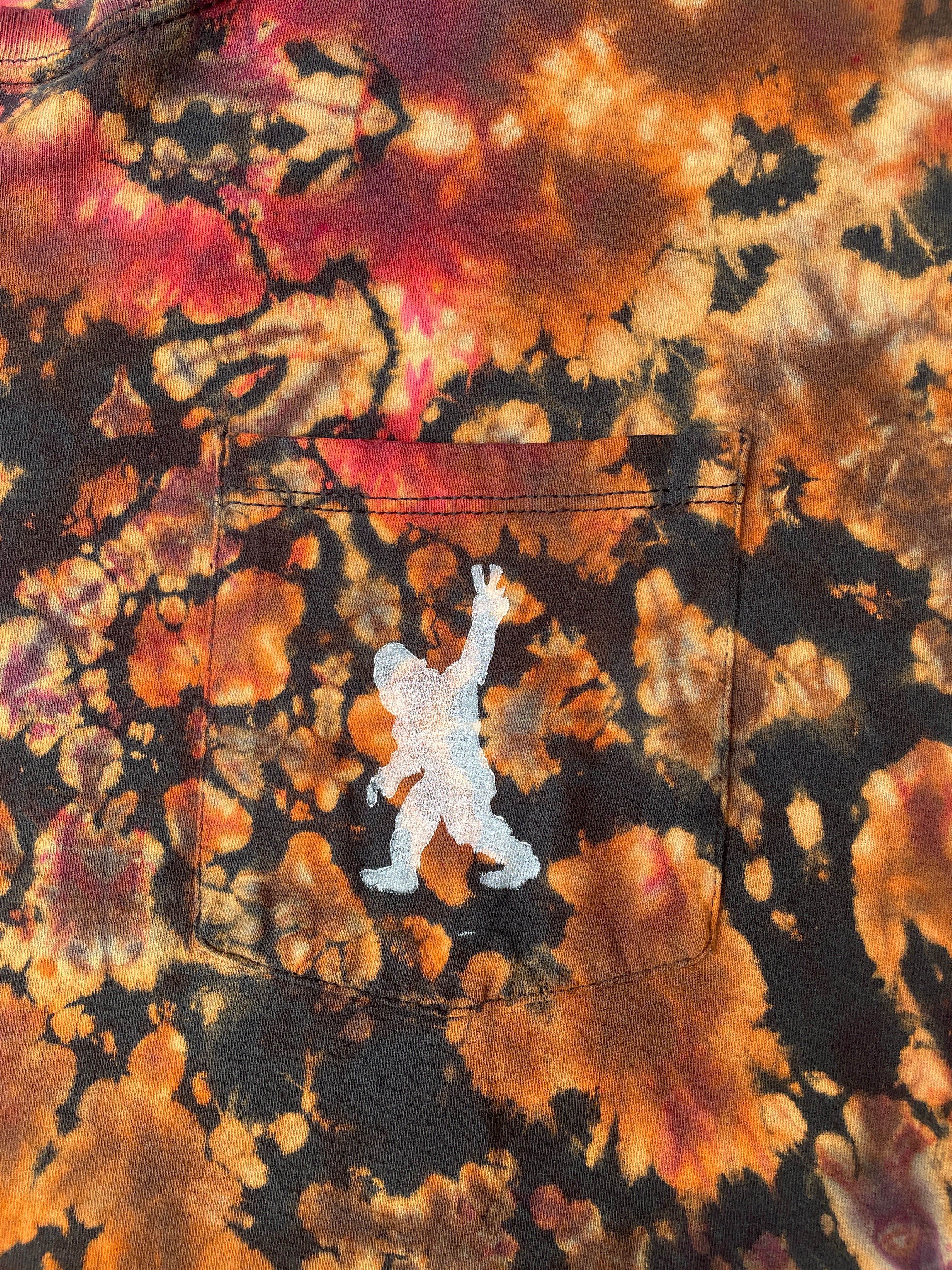 Hand-Printed Big Foot Black and Orange Reverse Tie Dye Short Sleeve T-Shirt | Men's Size Large