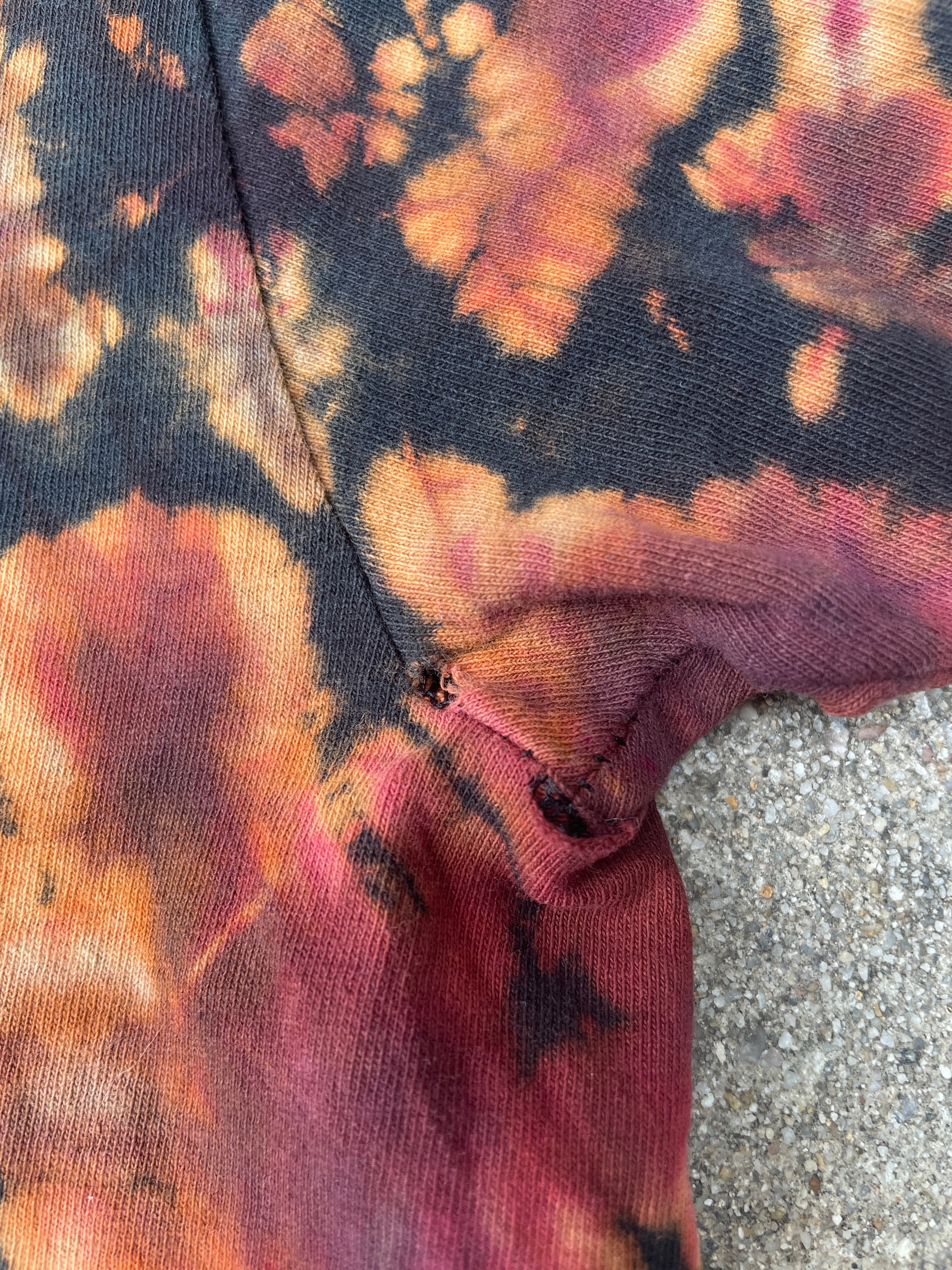 Hand-Printed Big Foot Black and Orange Reverse Tie Dye Short Sleeve T-Shirt | Men's Size Large