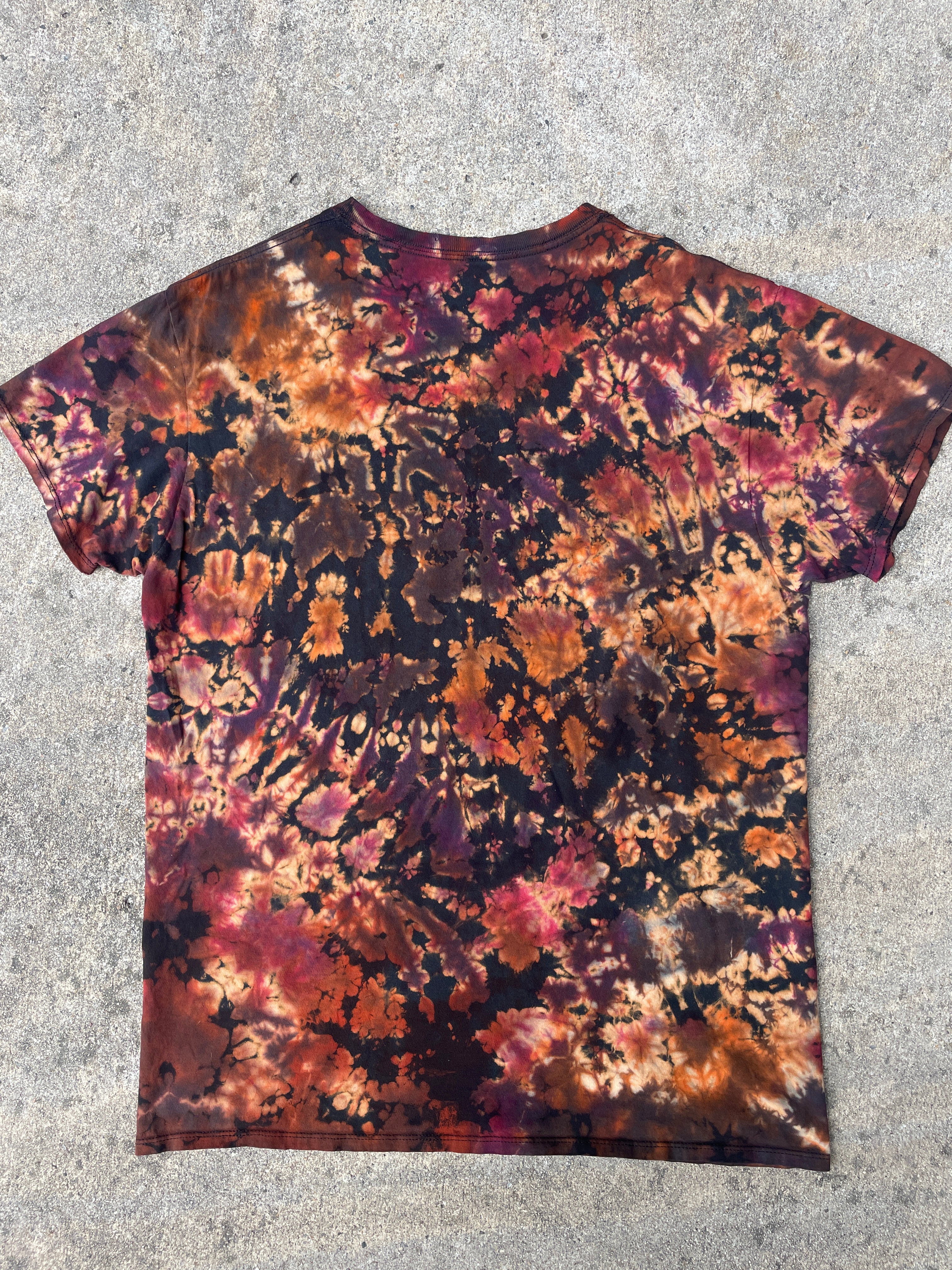 Hand-Printed Big Foot Black and Orange Reverse Tie Dye Short Sleeve T-Shirt | Men's Size Large