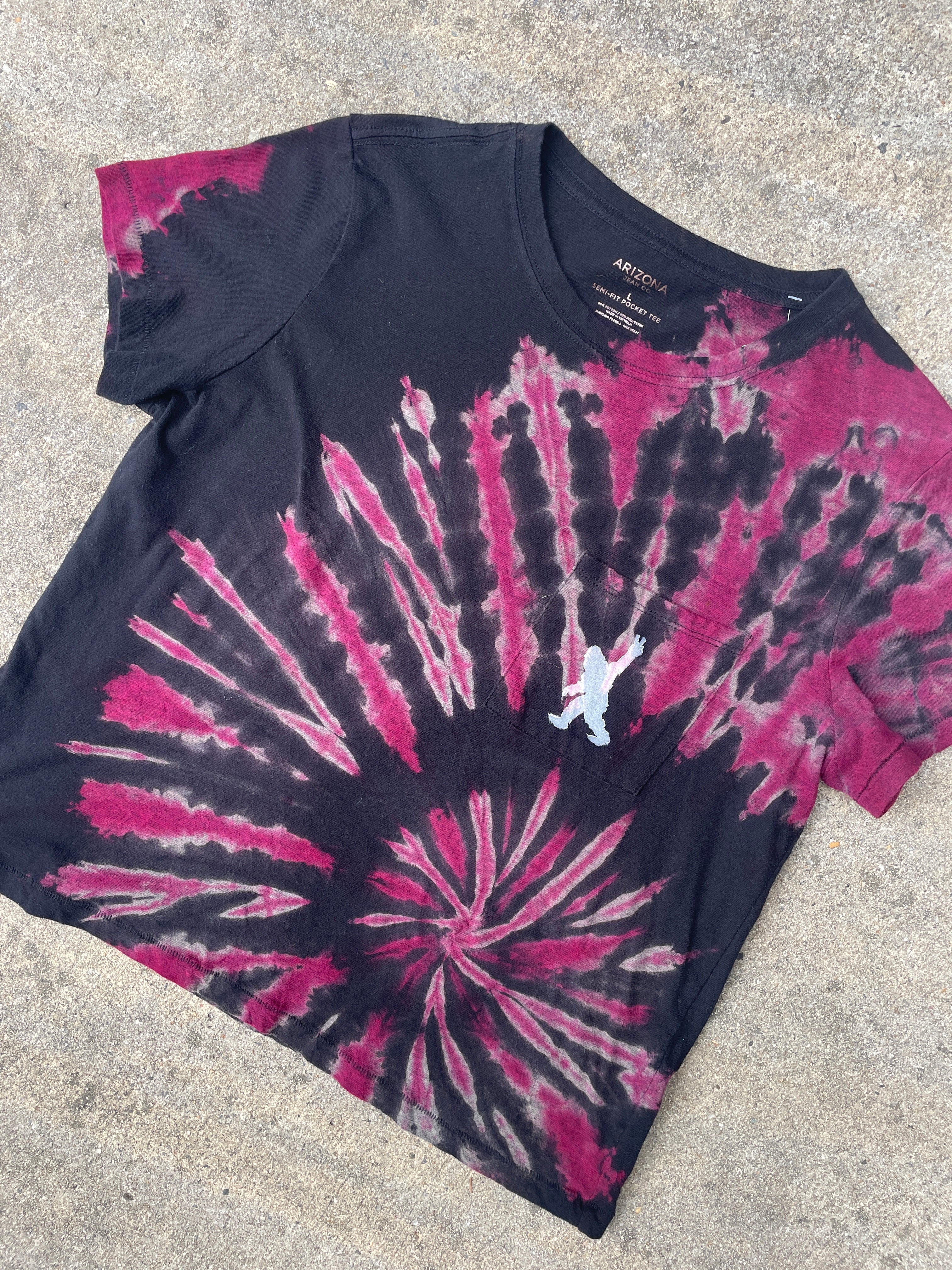 Hand-Printed Big Foot Black and Pink Reverse Tie Dye Short Sleeve T-Shirt | Women's Size Large