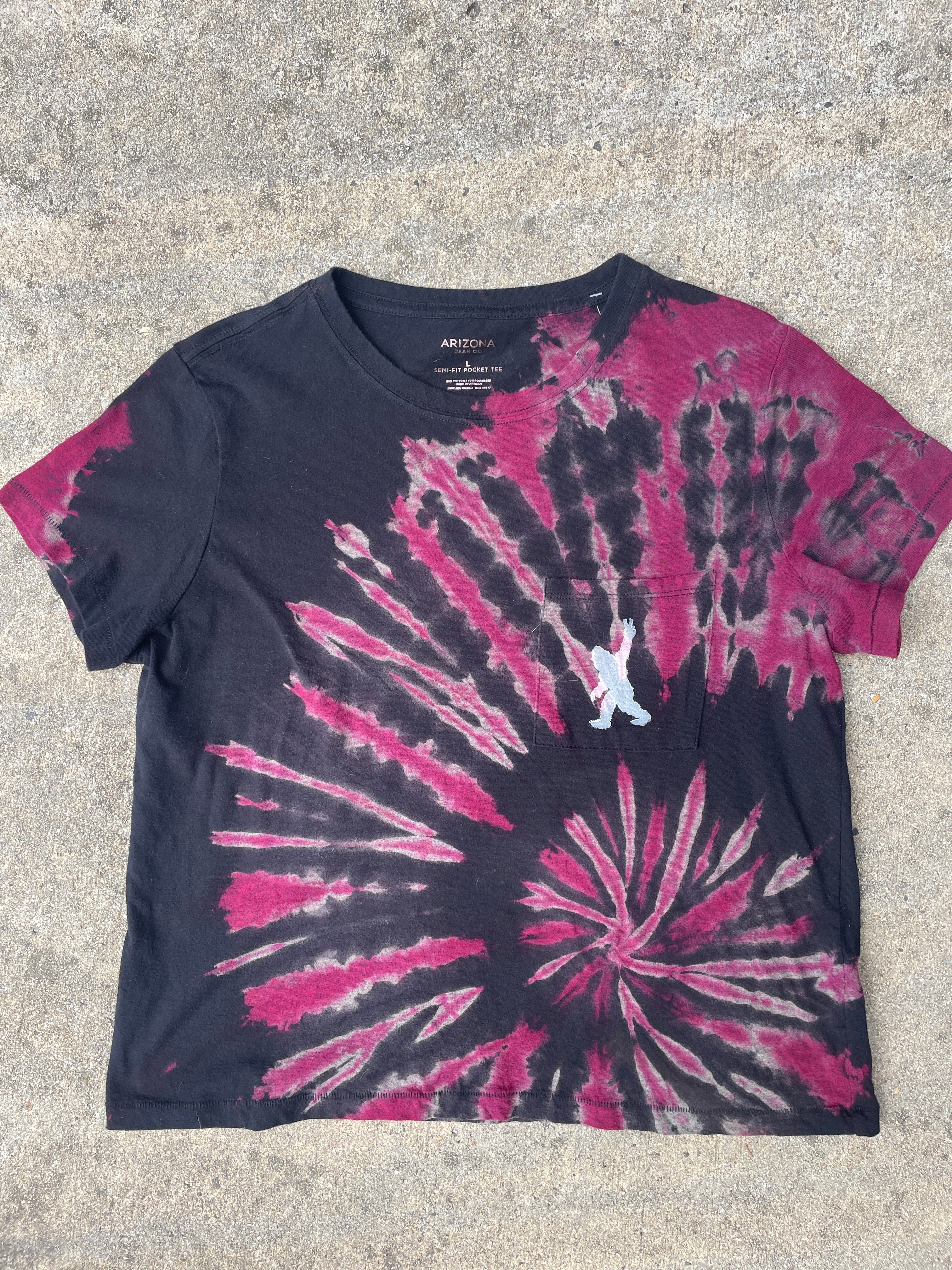 Hand-Printed Big Foot Black and Pink Reverse Tie Dye Short Sleeve T-Shirt | Women's Size Large