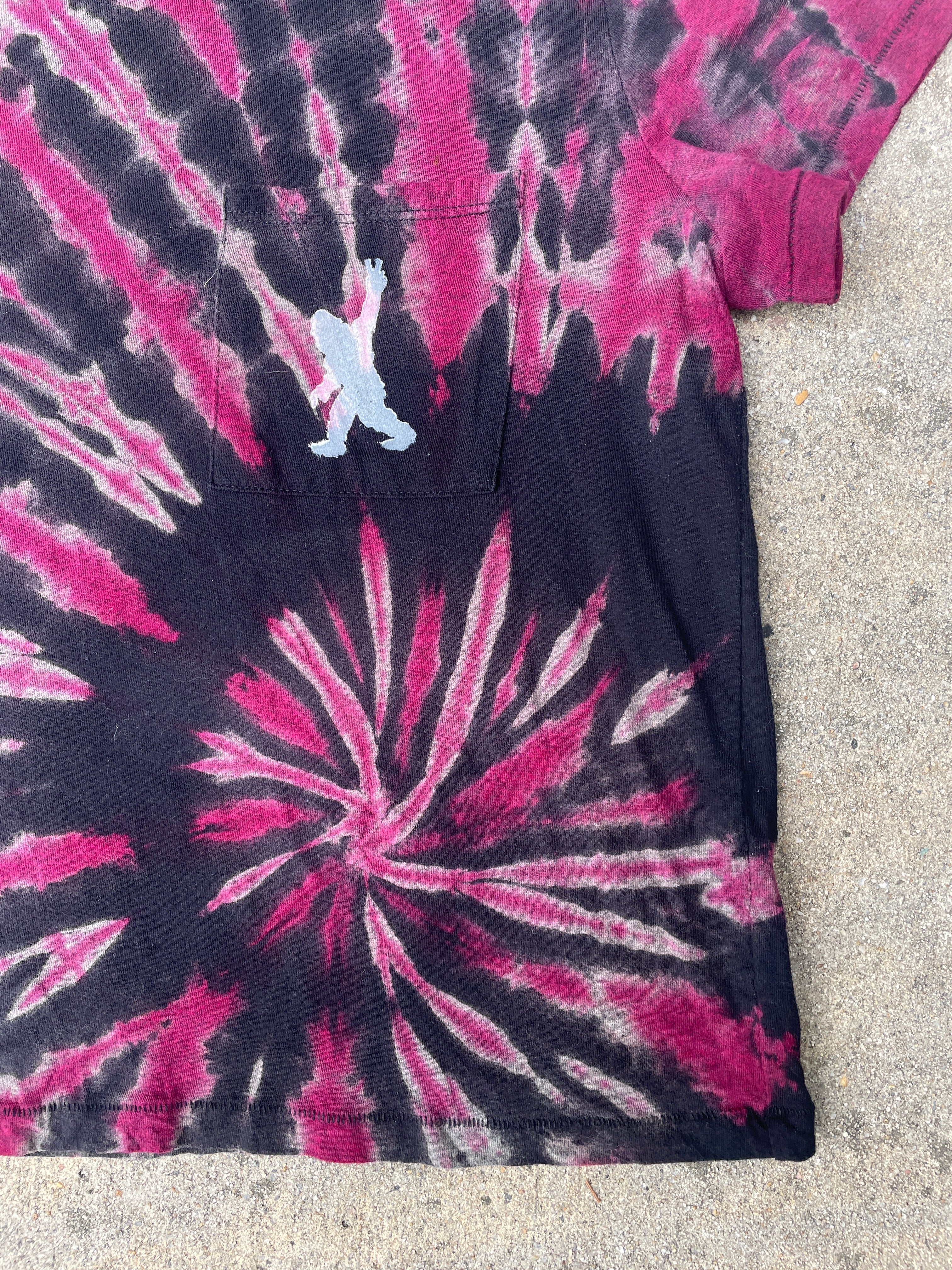 Hand-Printed Big Foot Black and Pink Reverse Tie Dye Short Sleeve T-Shirt | Women's Size Large