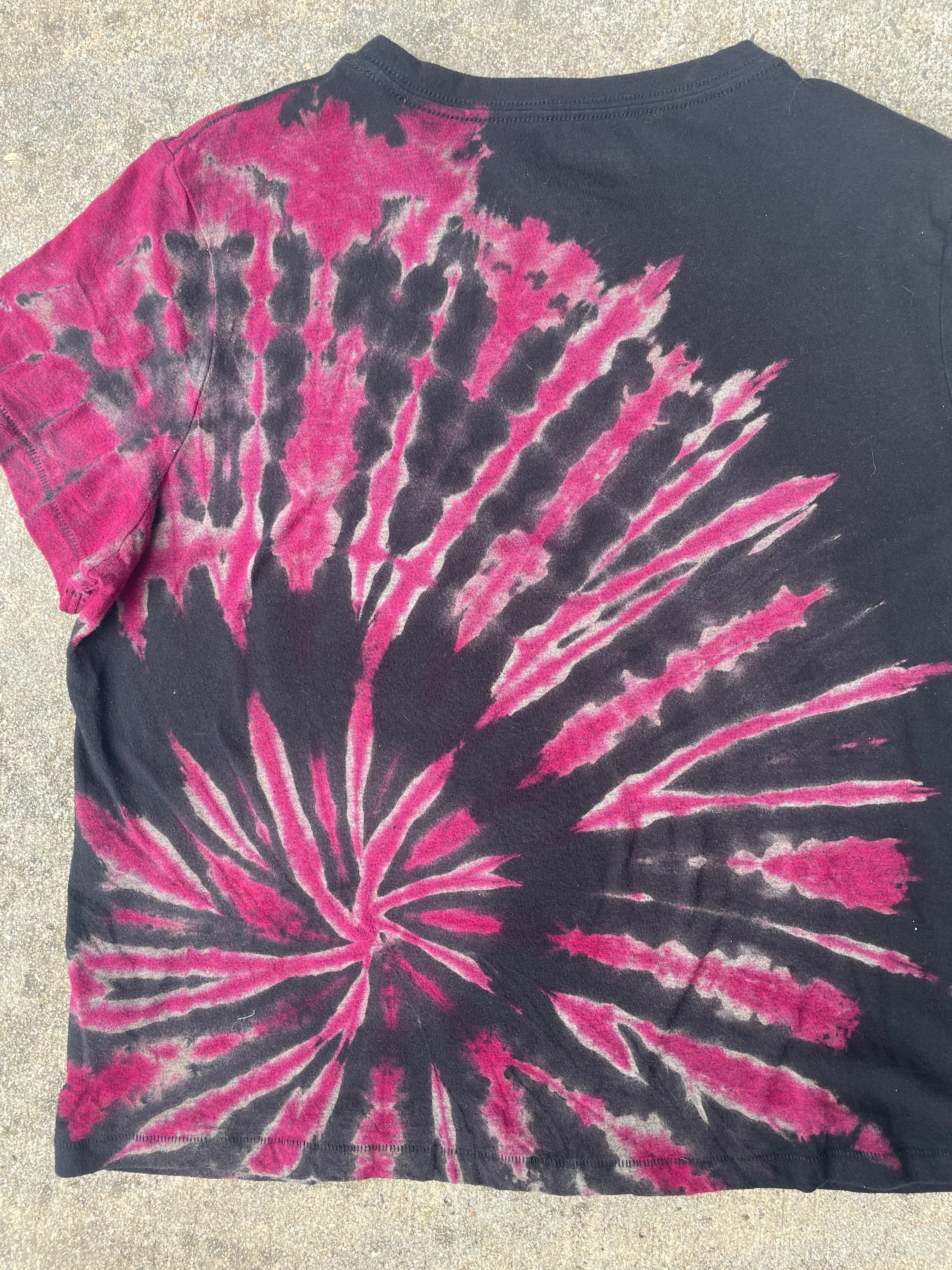 Hand-Printed Big Foot Black and Pink Reverse Tie Dye Short Sleeve T-Shirt | Women's Size Large