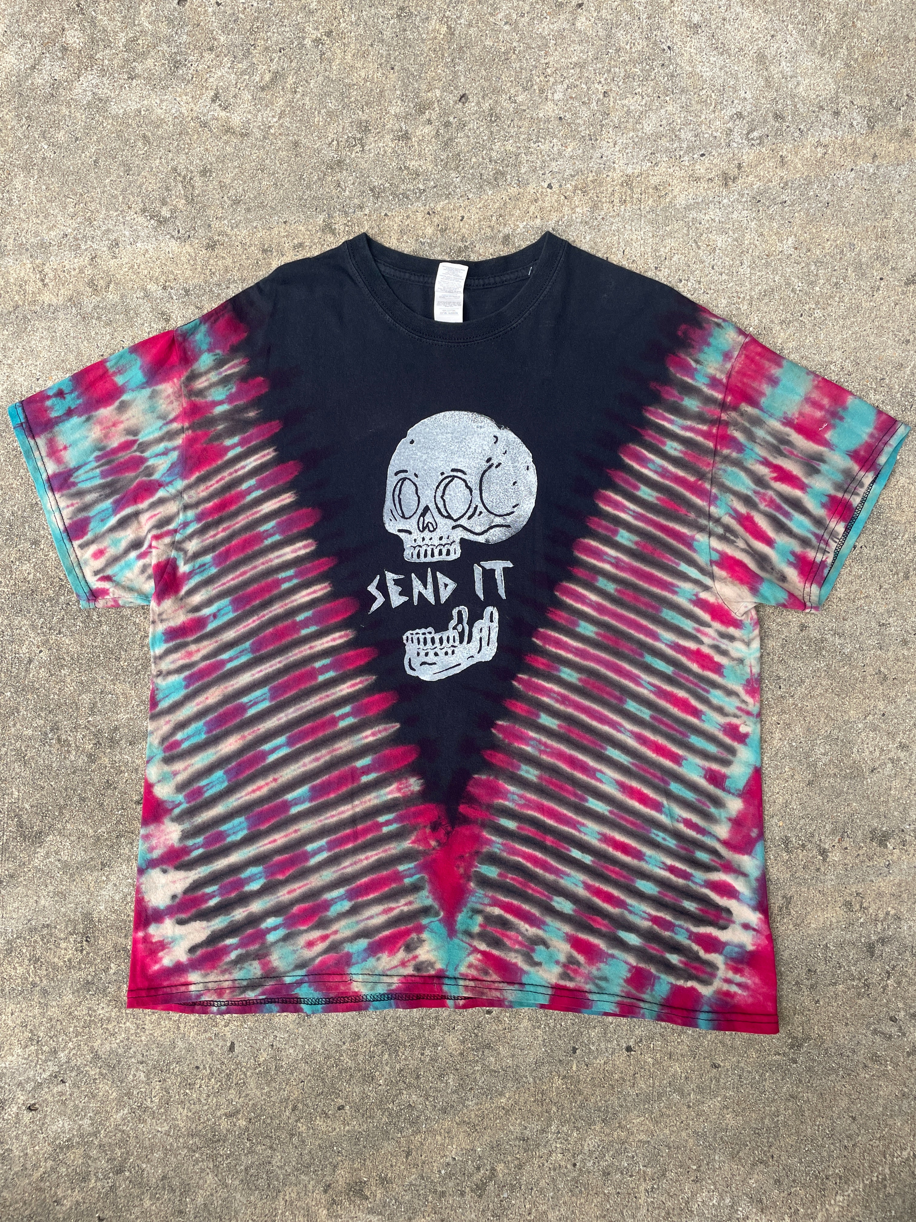 Hand-Printed Send It Skull Black, Red, and Blue Reverse Tie Dye Short Sleeve T-Shirt | Men's Size XL