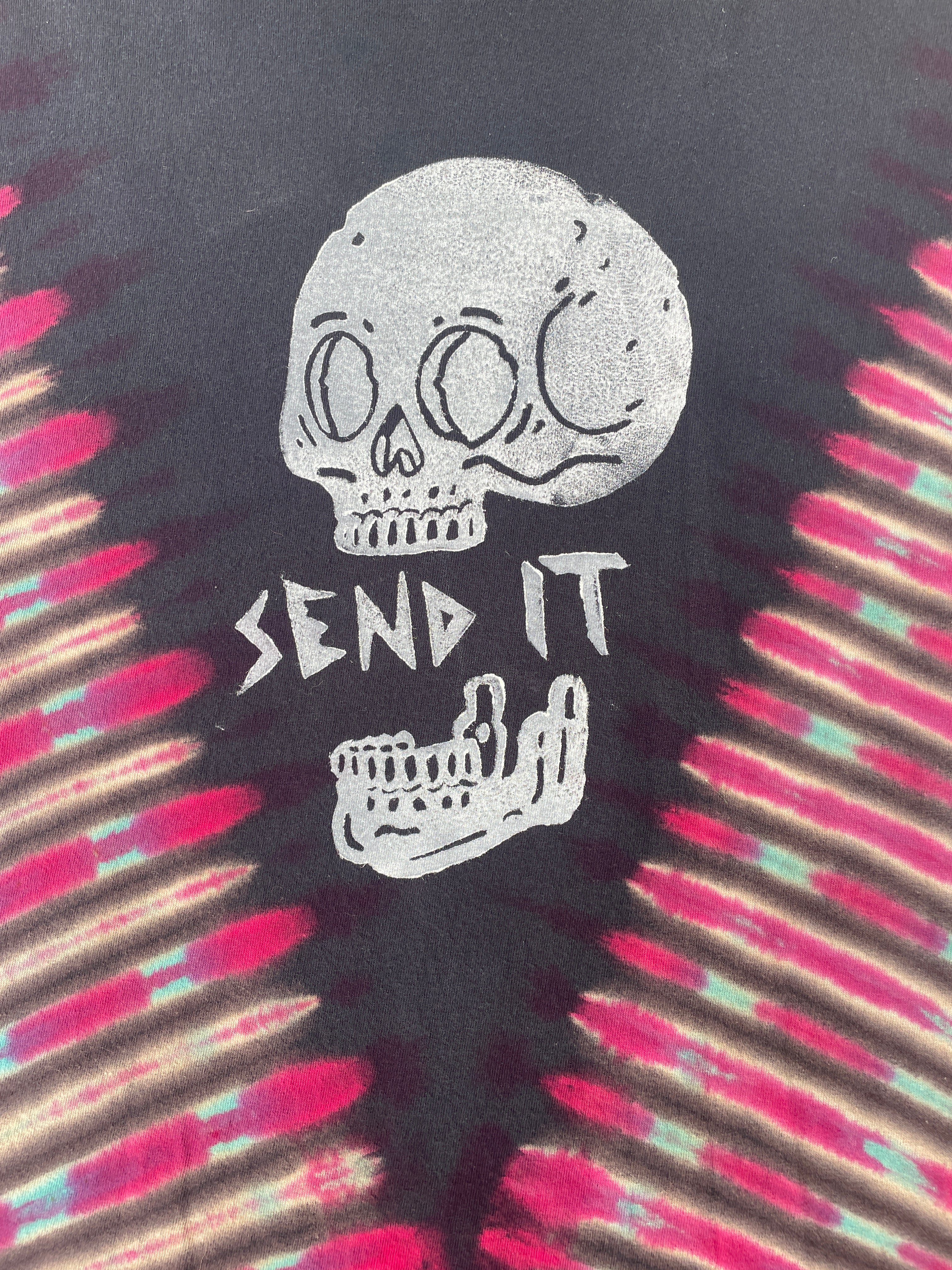 Hand-Printed Send It Skull Black, Red, and Blue Reverse Tie Dye Short Sleeve T-Shirt | Men's Size XL