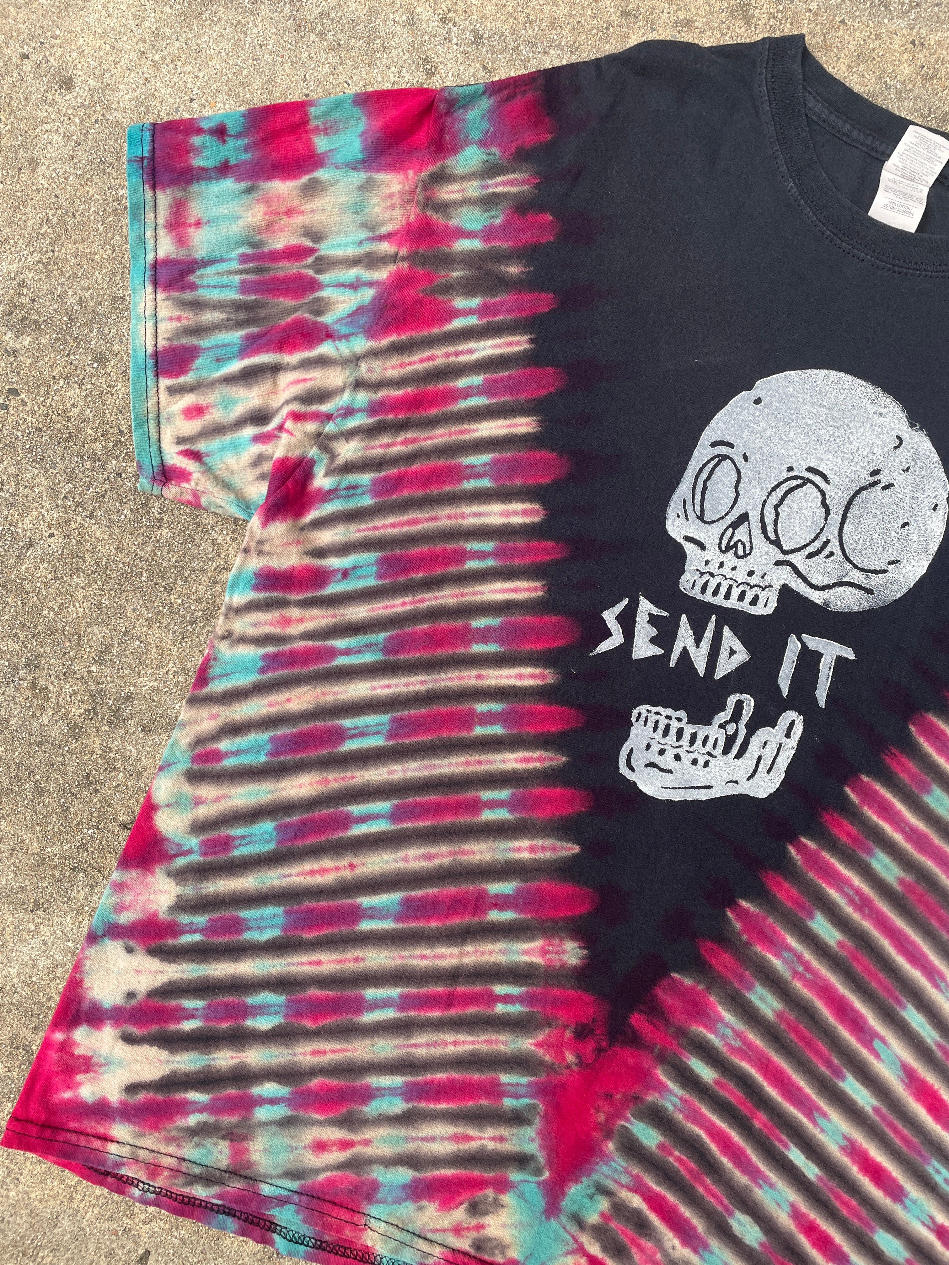 Hand-Printed Send It Skull Black, Red, and Blue Reverse Tie Dye Short Sleeve T-Shirt | Men's Size XL