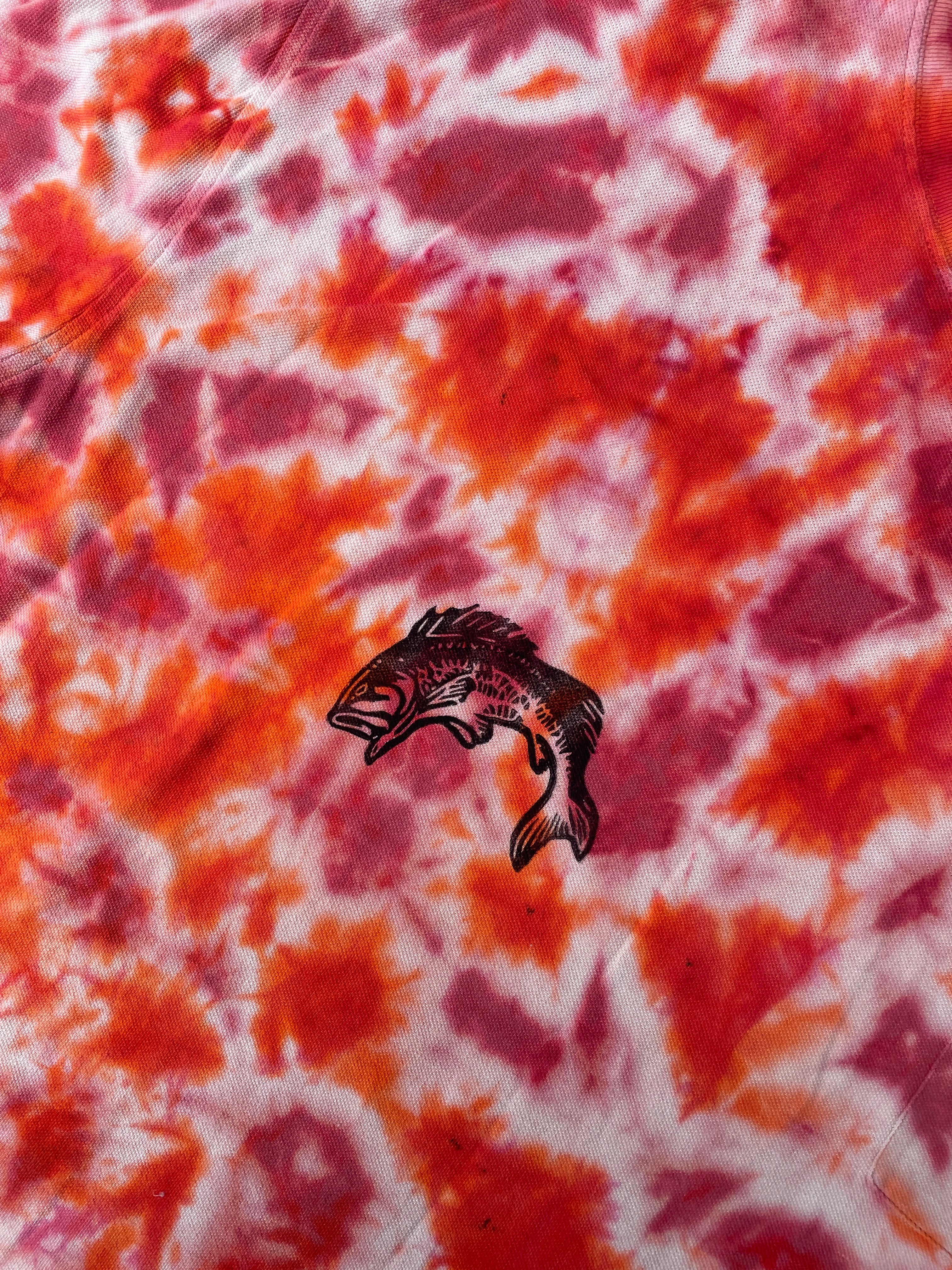 Hand-Printed Largemouth Red and Orange Tie Dye Short Sleeve T-Shirt | Men's Size XL