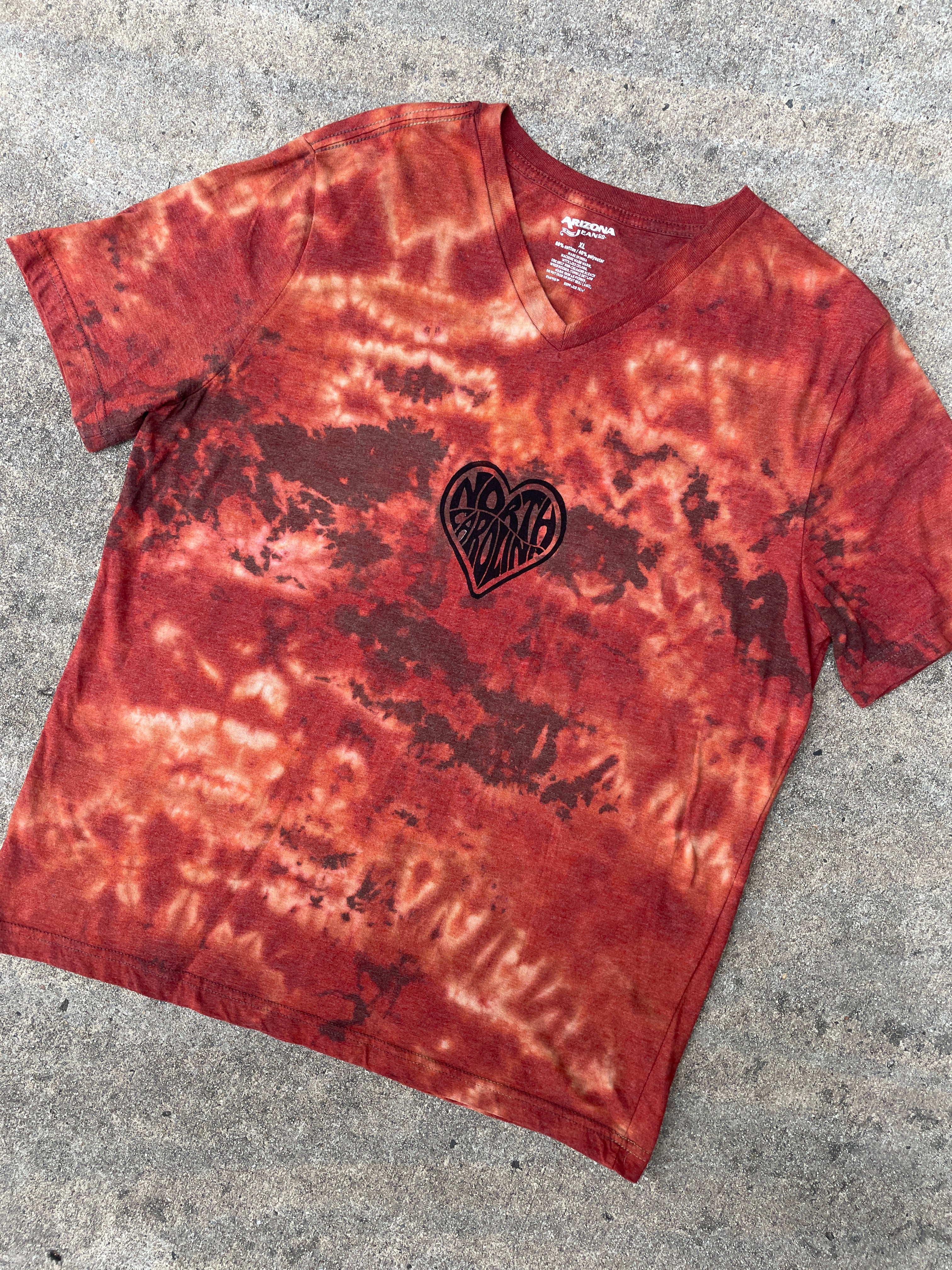 Hand-Printed North Carolina Brown and Orange Reverse Tie Dye Short Sleeve V-Neck T-Shirt | Men's Size XL