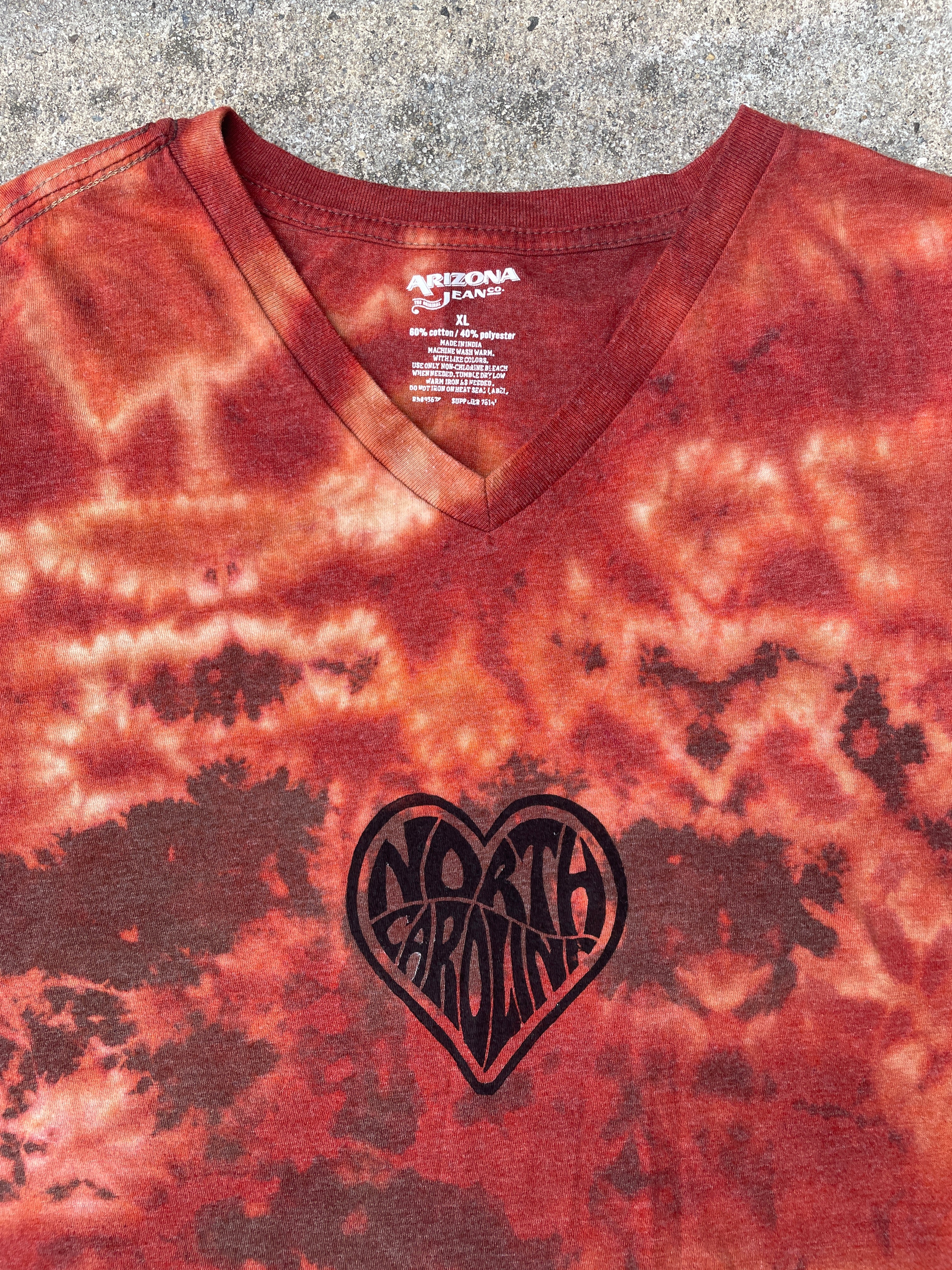 Hand-Printed North Carolina Brown and Orange Reverse Tie Dye Short Sleeve V-Neck T-Shirt | Men's Size XL