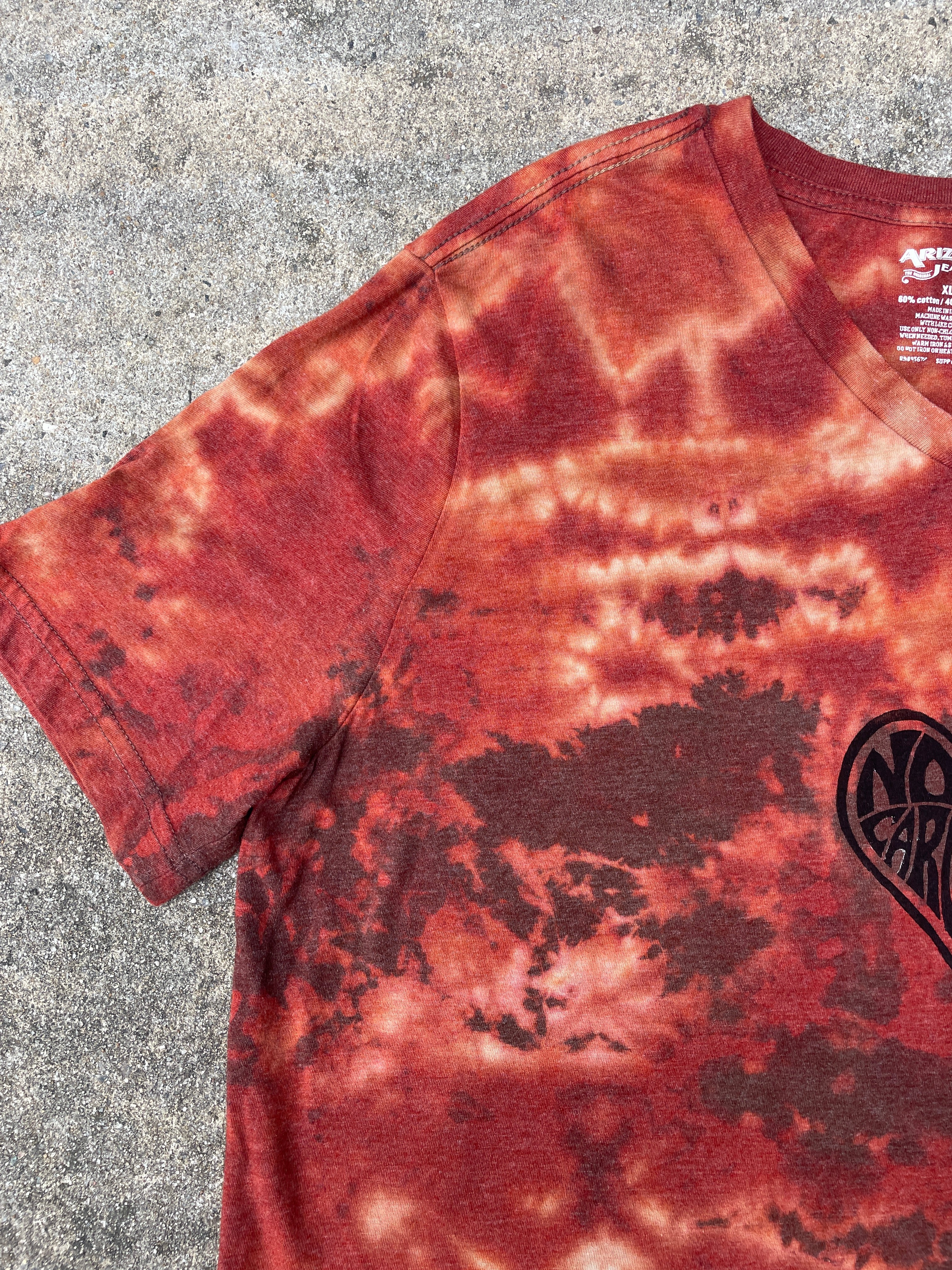 Hand-Printed North Carolina Brown and Orange Reverse Tie Dye Short Sleeve V-Neck T-Shirt | Men's Size XL