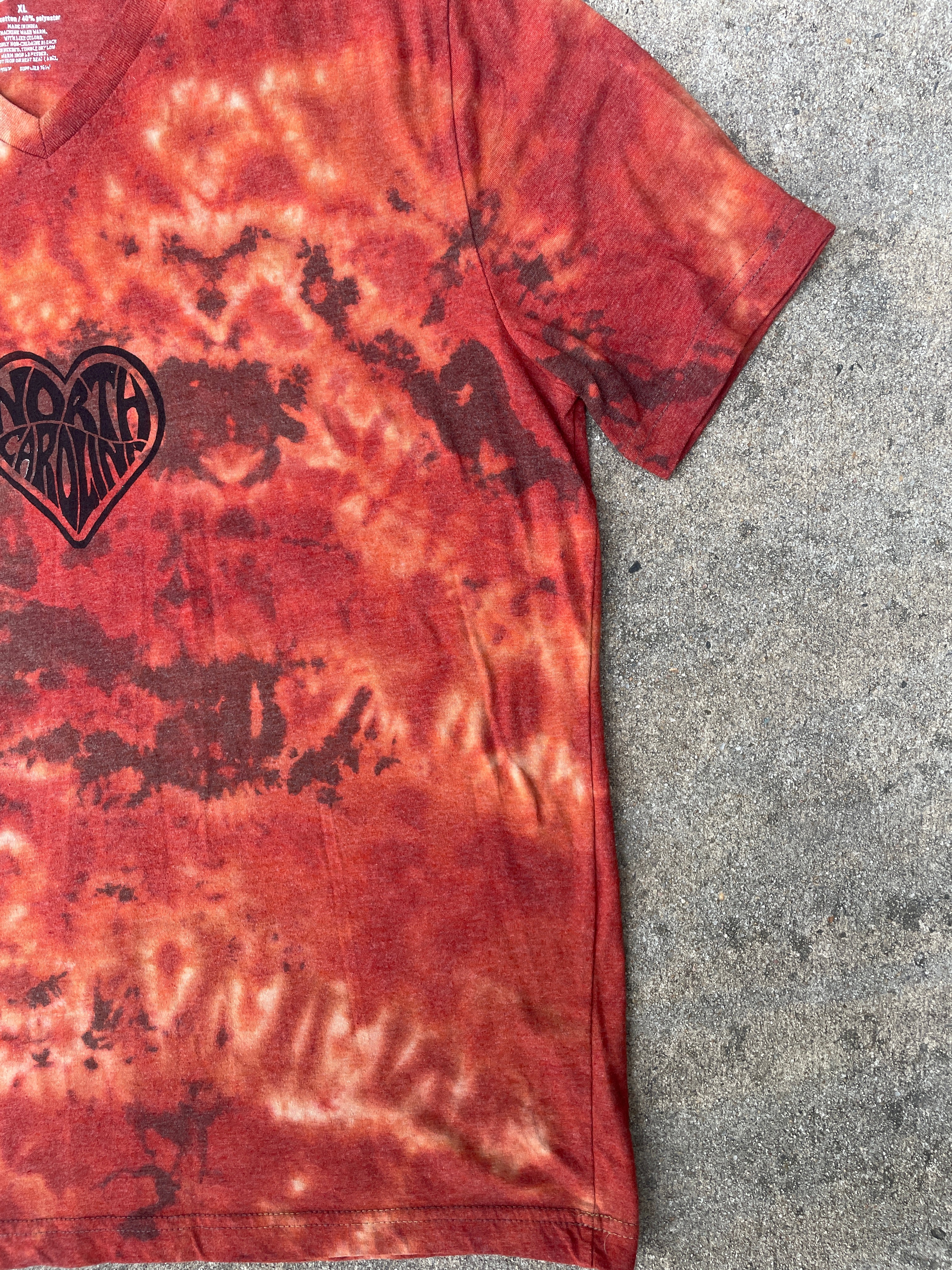 Hand-Printed North Carolina Brown and Orange Reverse Tie Dye Short Sleeve V-Neck T-Shirt | Men's Size XL