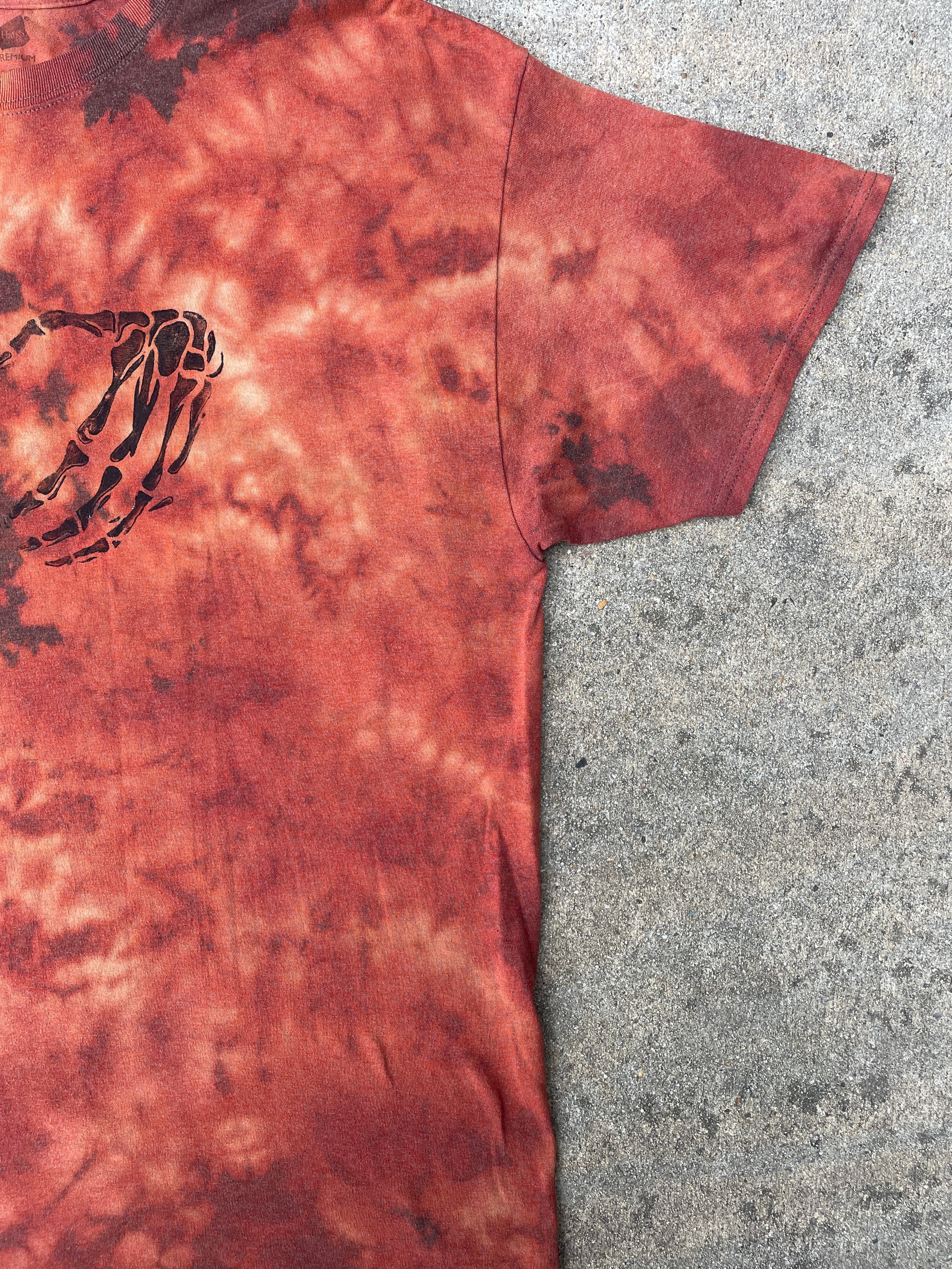 Hand-Printed Skeleton Heart Hands Brown and Orange Reverse Tie Dye Short Sleeve T-Shirt | Men's Size XL