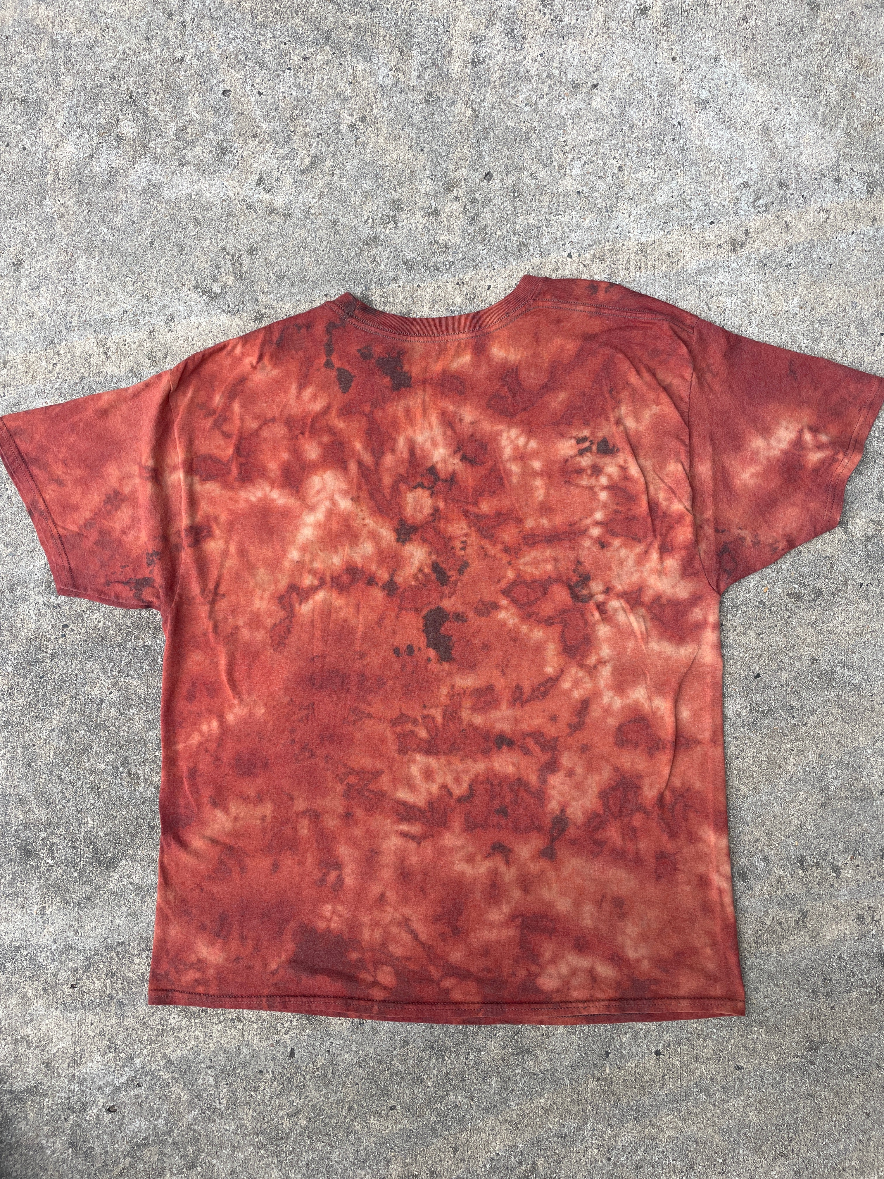 Hand-Printed Skeleton Heart Hands Brown and Orange Reverse Tie Dye Short Sleeve T-Shirt | Men's Size XL