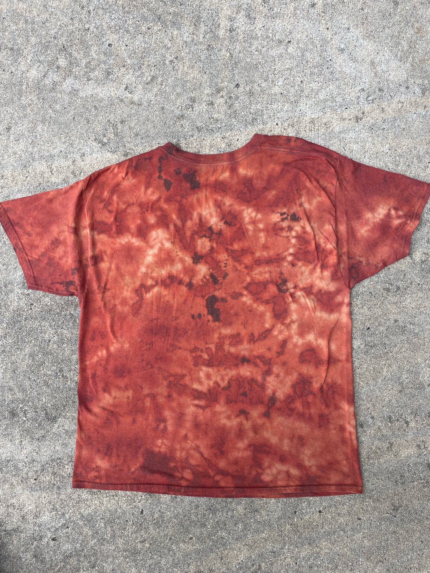Hand-Printed Skeleton Heart Hands Brown and Orange Reverse Tie Dye Short Sleeve T-Shirt | Men's Size XL