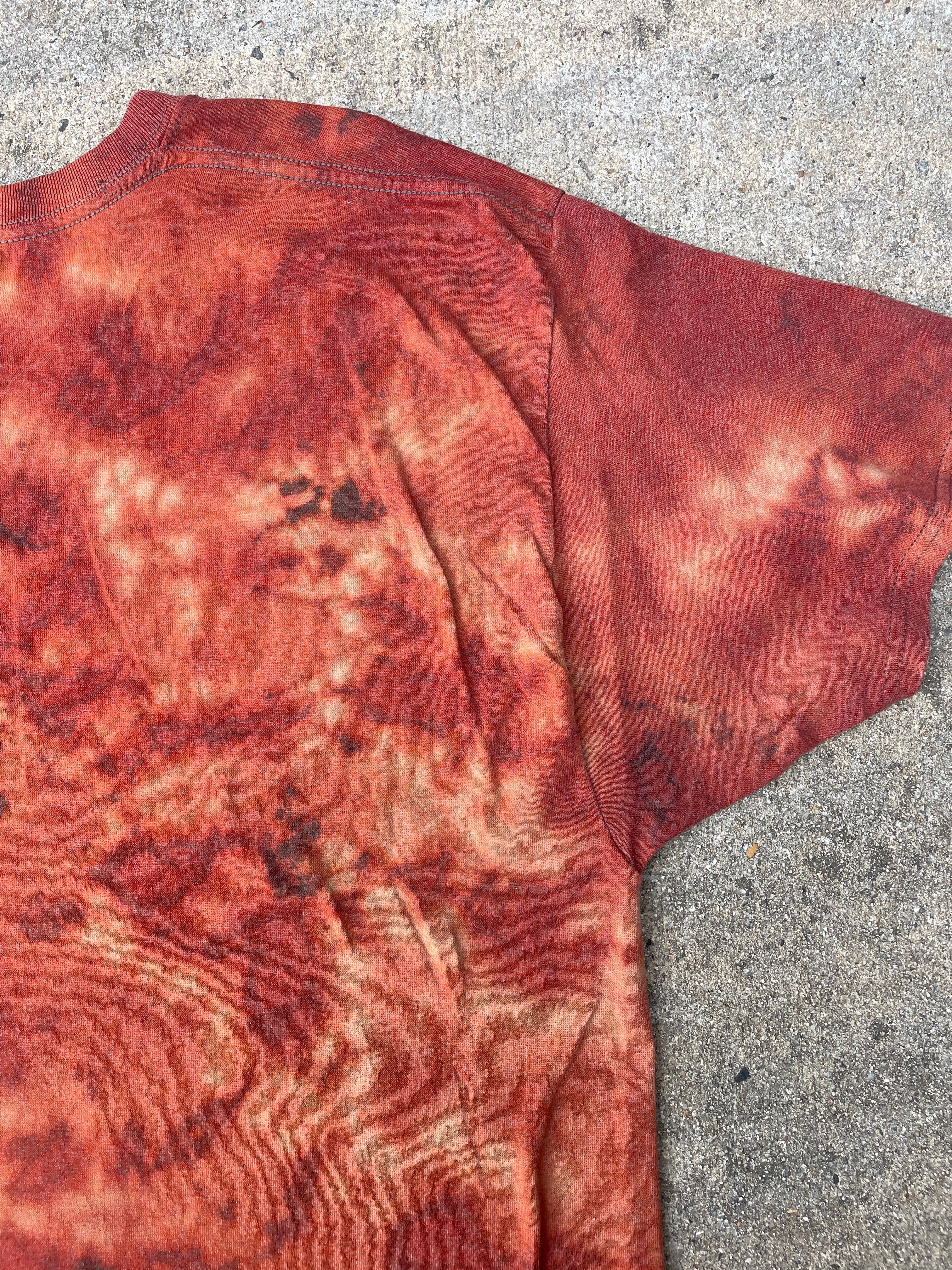 Hand-Printed Skeleton Heart Hands Brown and Orange Reverse Tie Dye Short Sleeve T-Shirt | Men's Size XL