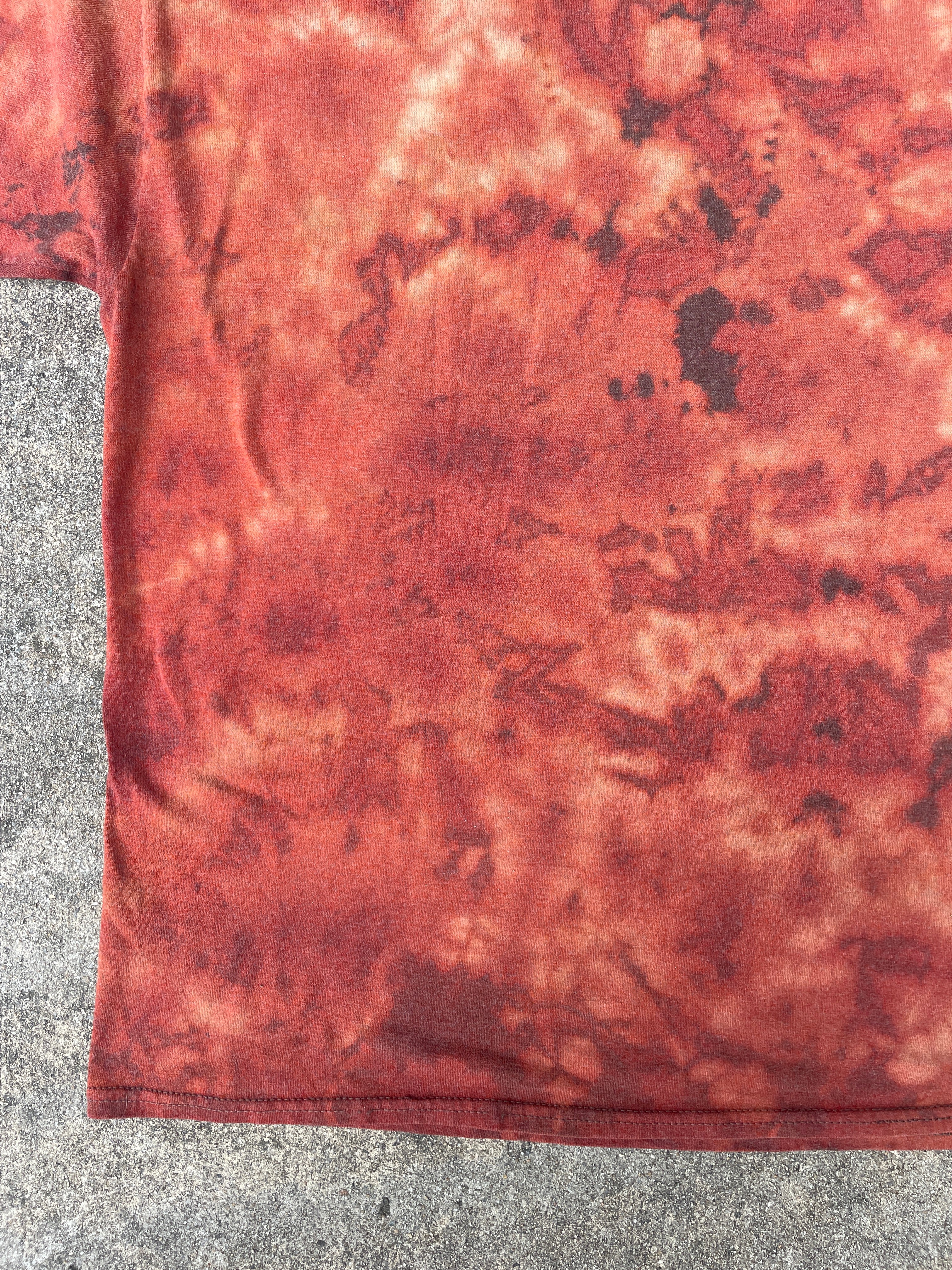 Hand-Printed Skeleton Heart Hands Brown and Orange Reverse Tie Dye Short Sleeve T-Shirt | Men's Size XL