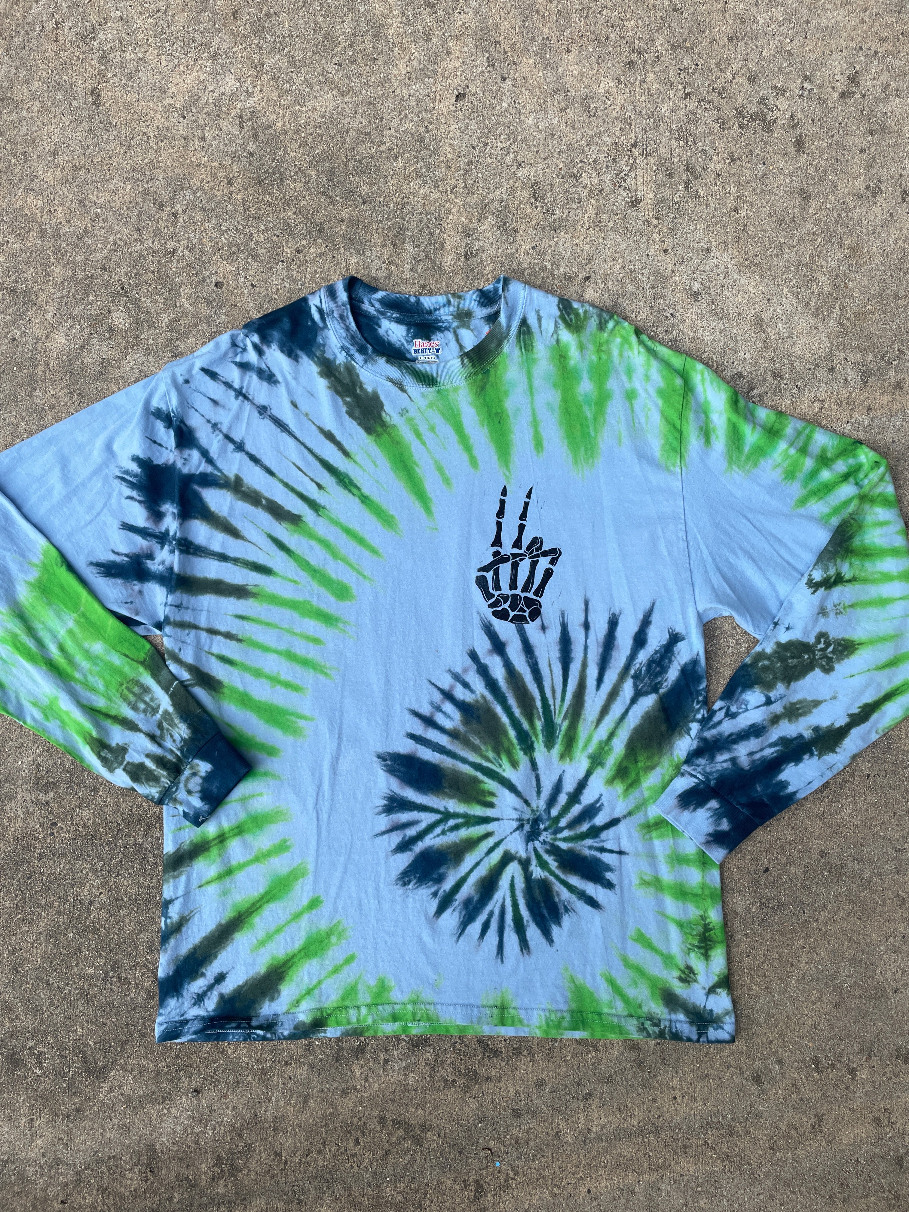 Hand-Printed Skeleton Peace Sign Green and Blue Spiral Tie Dye Long Sleeve T-Shirt | Men's Size XL
