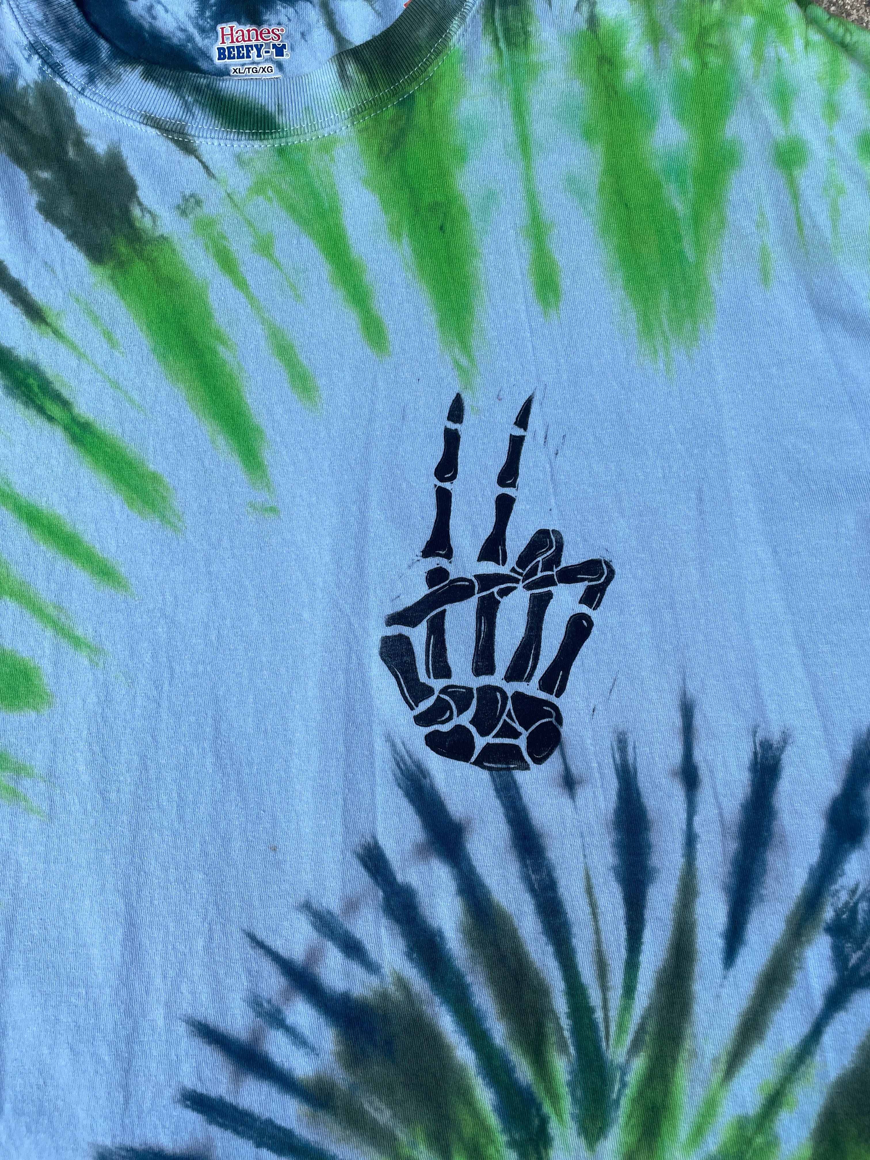 Hand-Printed Skeleton Peace Sign Green and Blue Spiral Tie Dye Long Sleeve T-Shirt | Men's Size XL