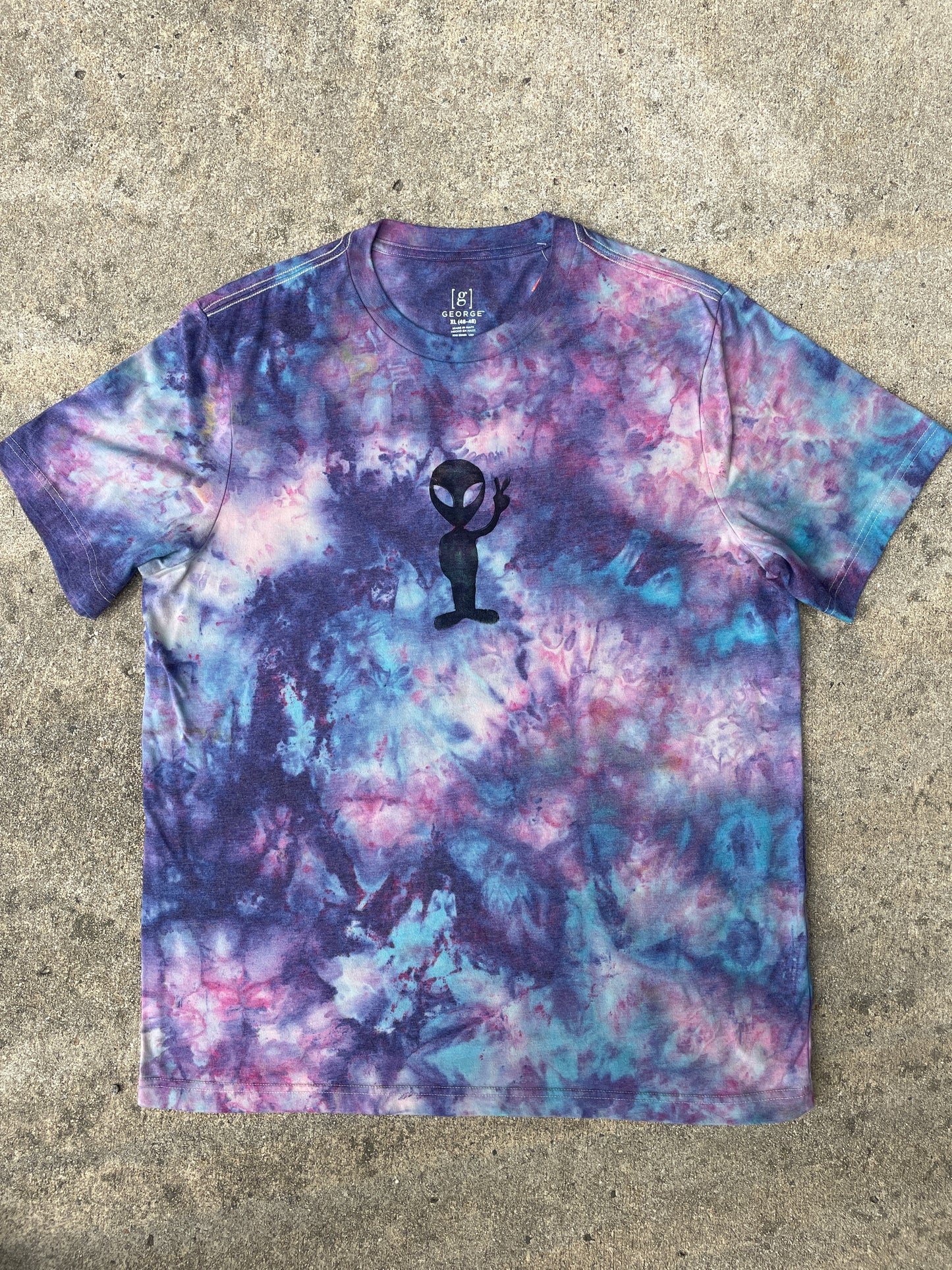 Hand-Printed Alien Blue and Purple Galaxy Dye Short Sleeve T-Shirt | Men's Size XL