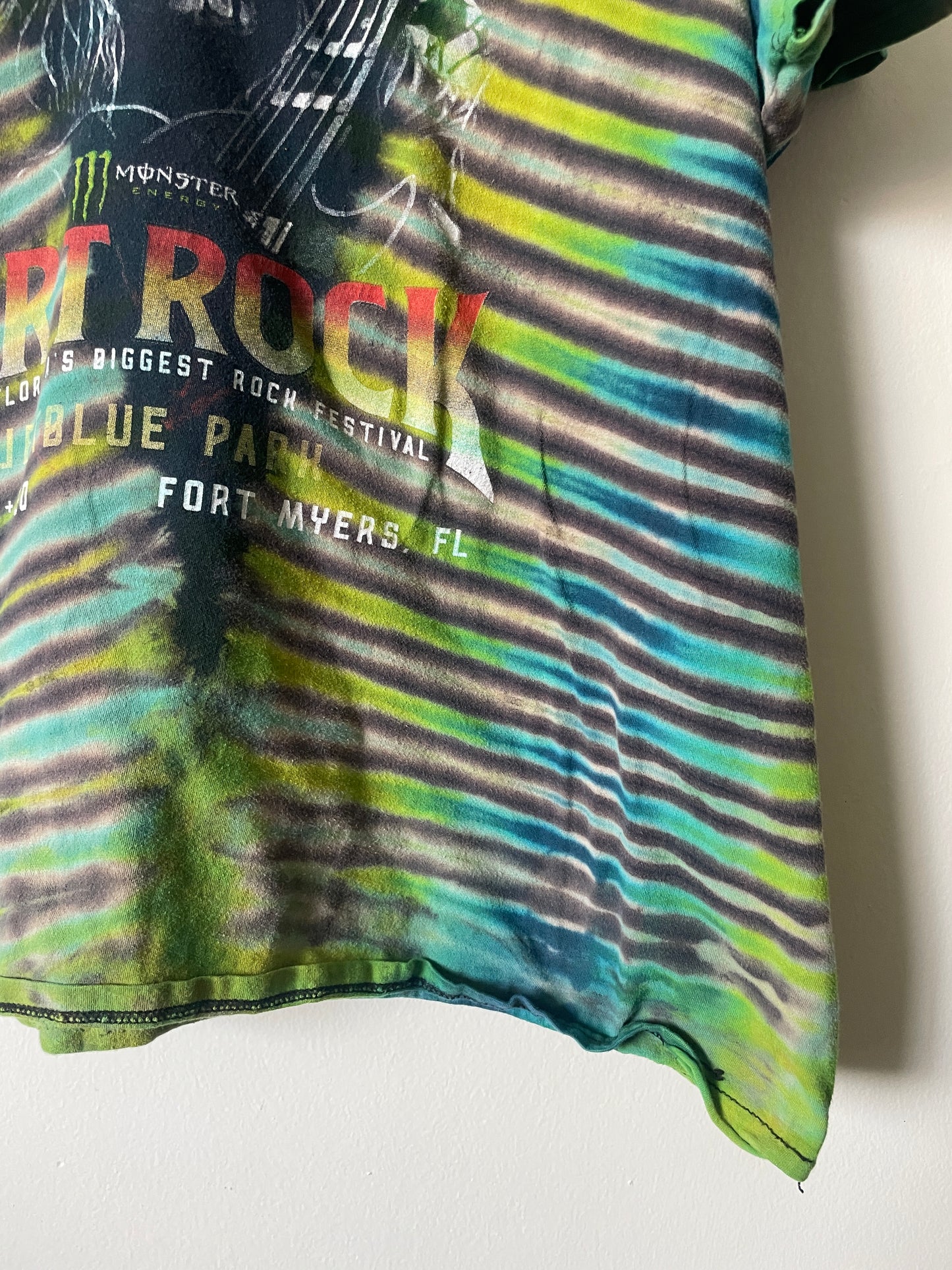 Fort Rock Festival 2016 Handmade Tie Dye Short Sleeve T-Shirt | One-Of-a-Kind Upcycled Black, Blue, and Green Pleated Top | Men's 2XL