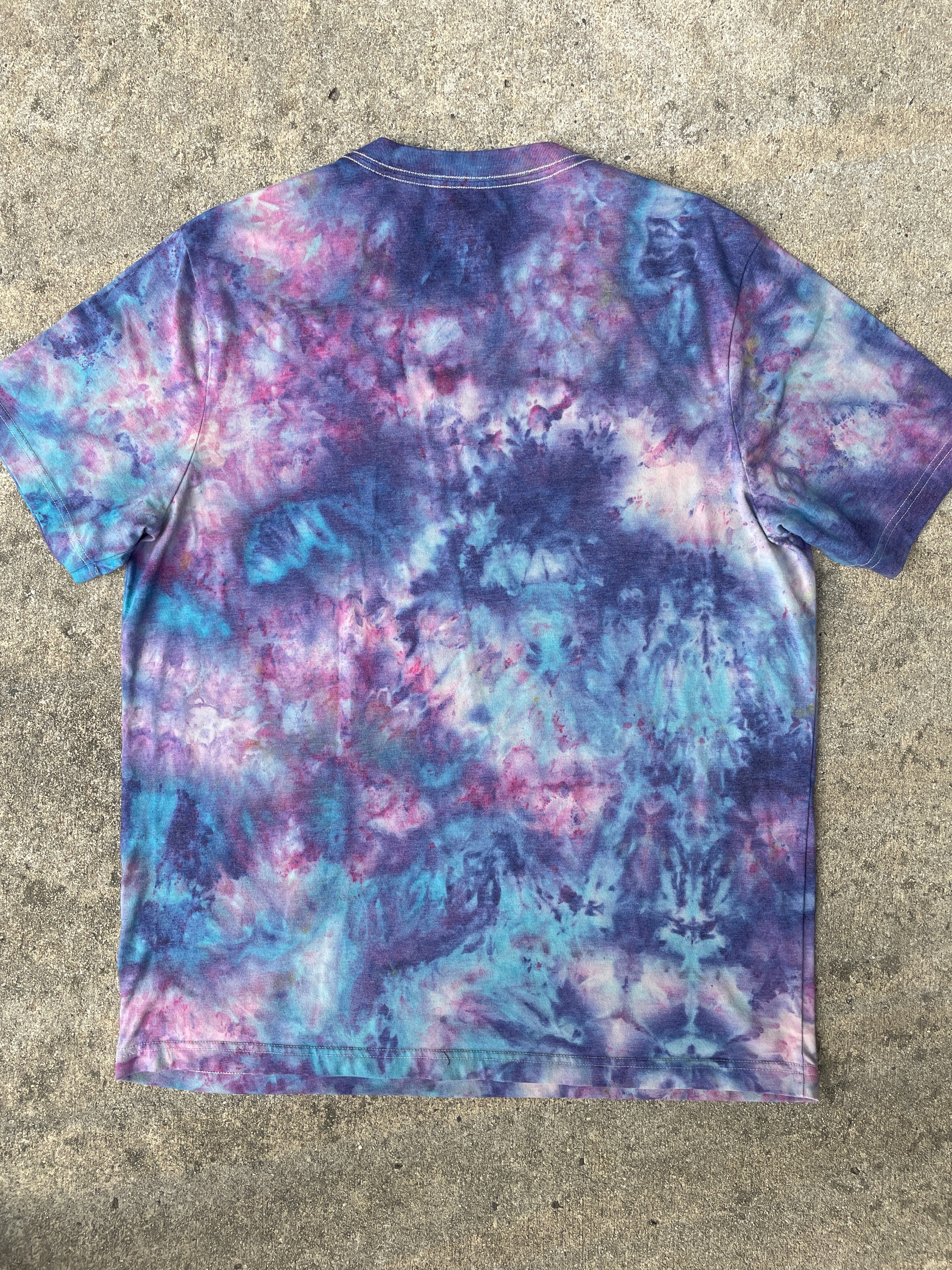Hand-Printed Alien Blue and Purple Galaxy Dye Short Sleeve T-Shirt | Men's Size XL