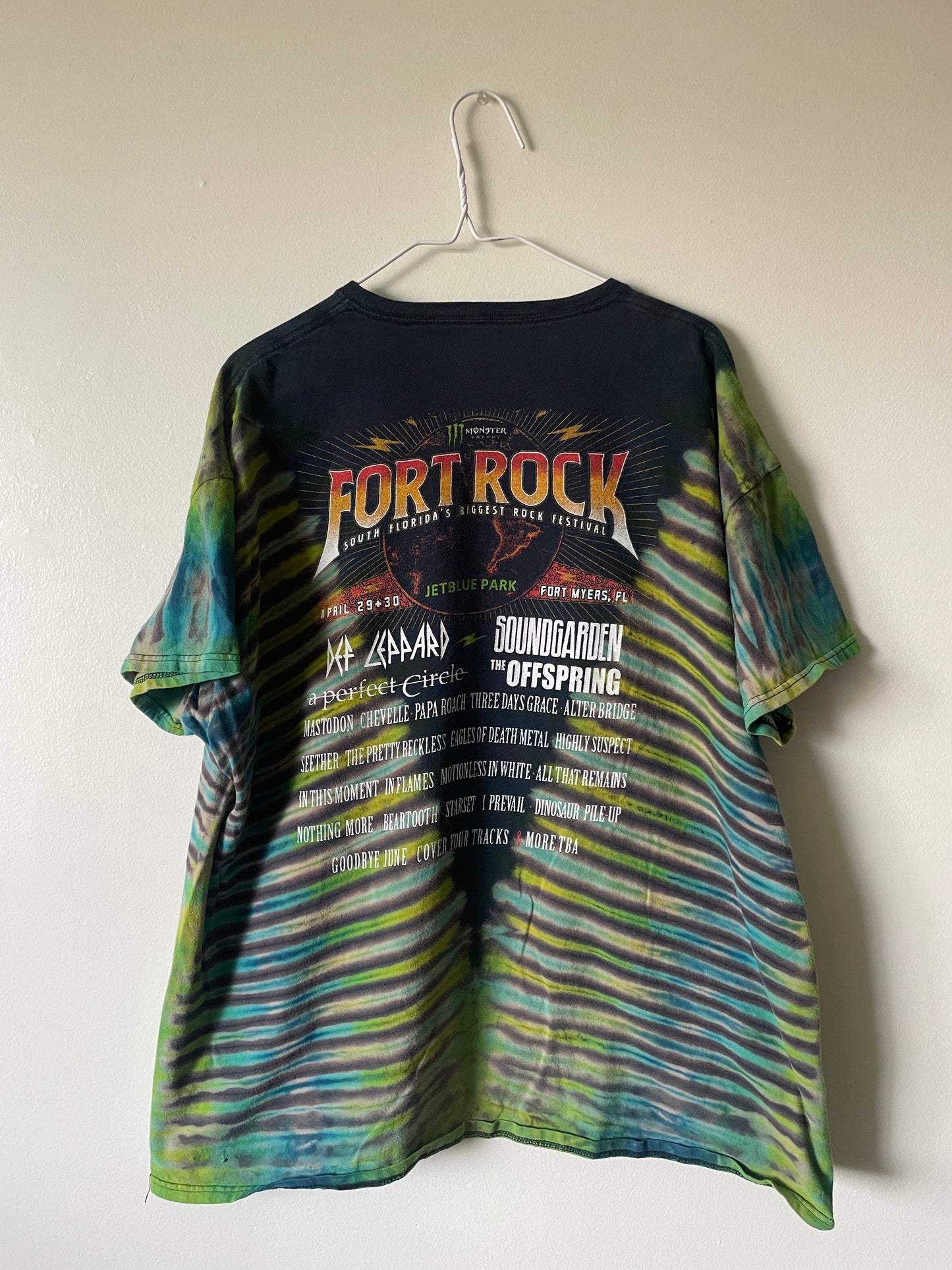 Fort Rock Festival 2016 Handmade Tie Dye Short Sleeve T-Shirt | One-Of-a-Kind Upcycled Black, Blue, and Green Pleated Top | Men's 2XL