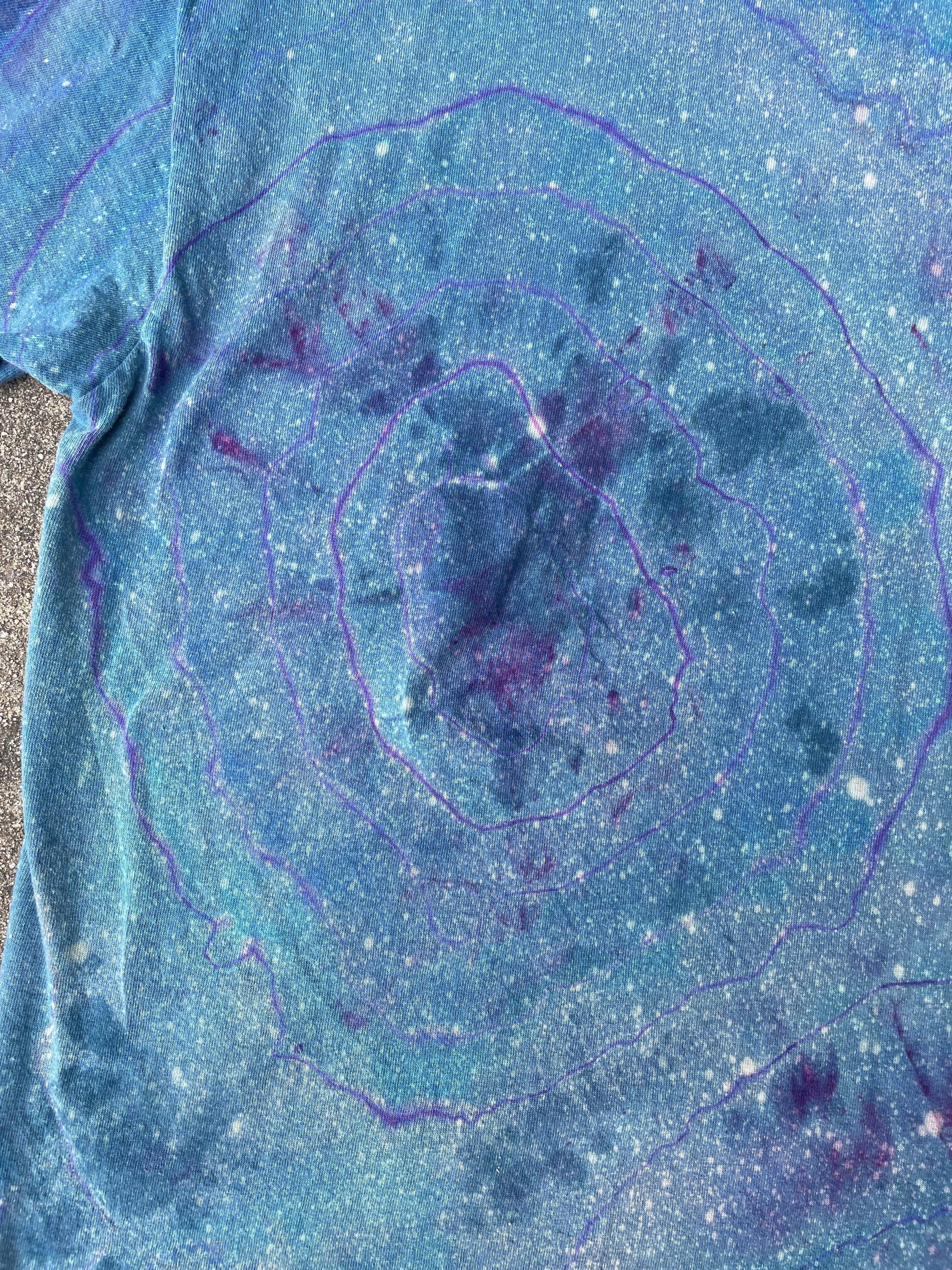 Hand-Printed Peace Sign Blue and Purple Geode Tie Dye Short Sleeve T-Shirt | Men's Size XL