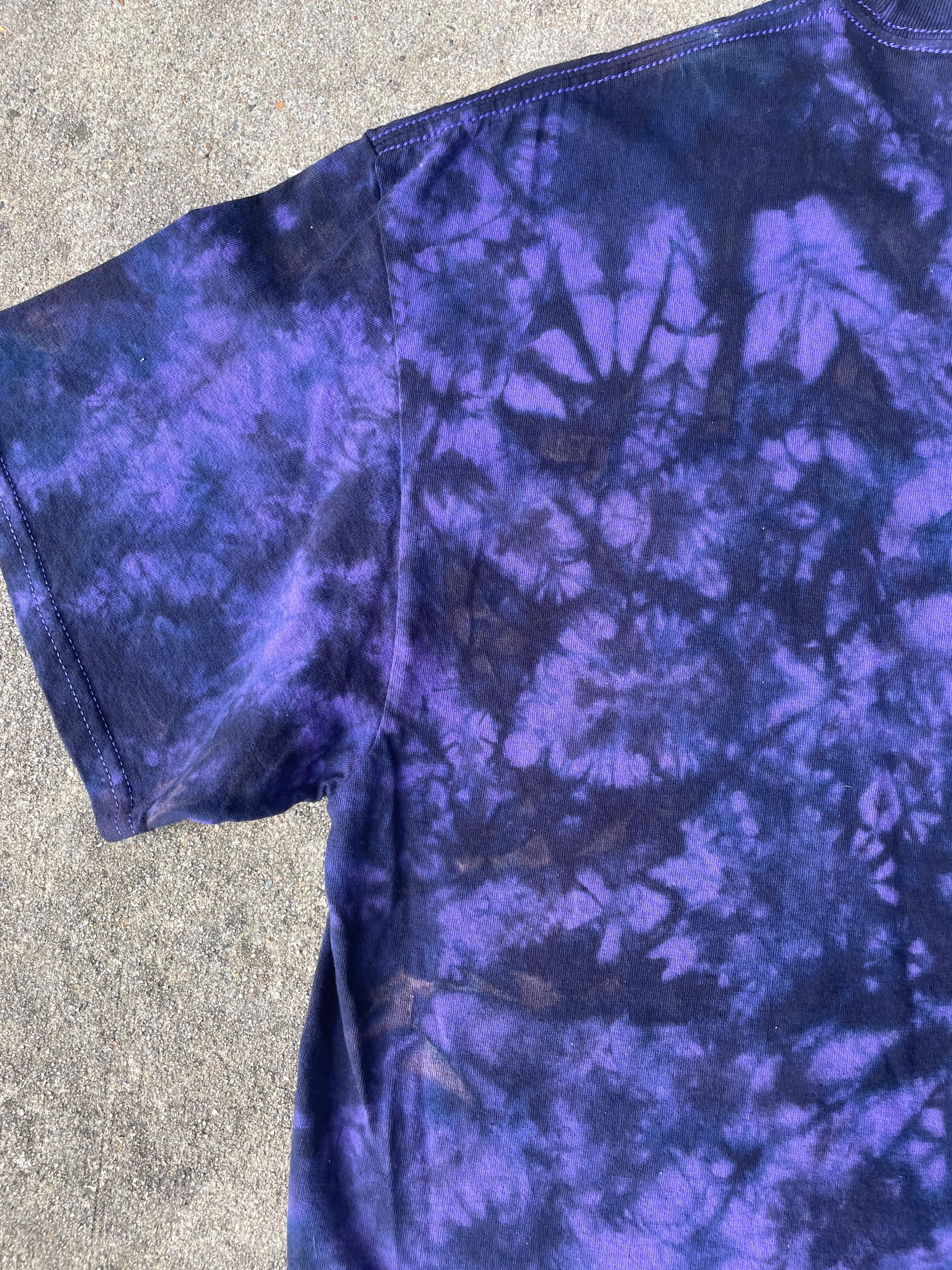 Hand-Printed Skeleton Heart Hands Black and Purple Tie Dye Short Sleeve T-Shirt | Men's Size XL