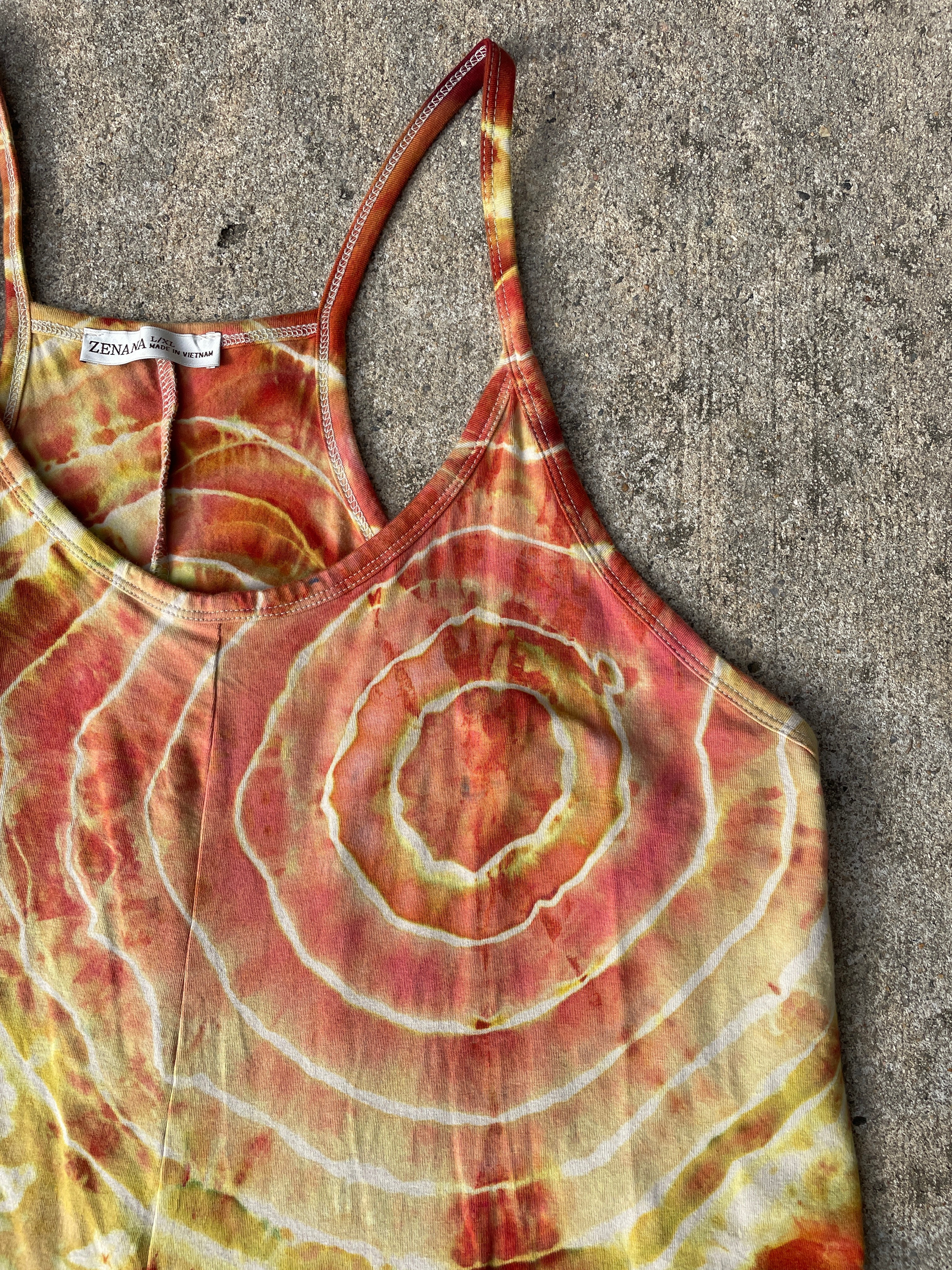 Desert Sun Tie Dye Jumpsuit | Women's Size Large/XL | Red, Orange, Yellow Geode Jumper