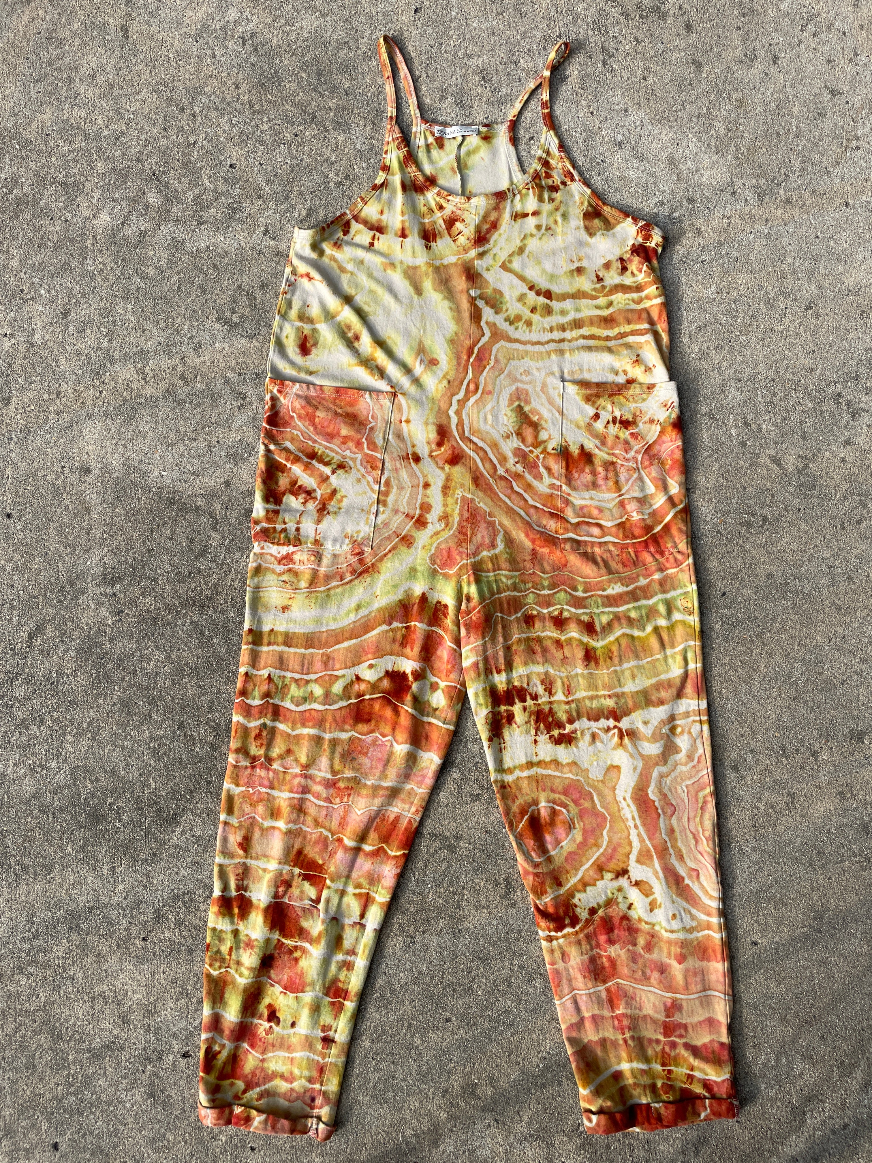 Desert Sun Tie Dye Jumpsuit | Women's Size Small/Medium | Red, Orange, Yellow Geode Jumper