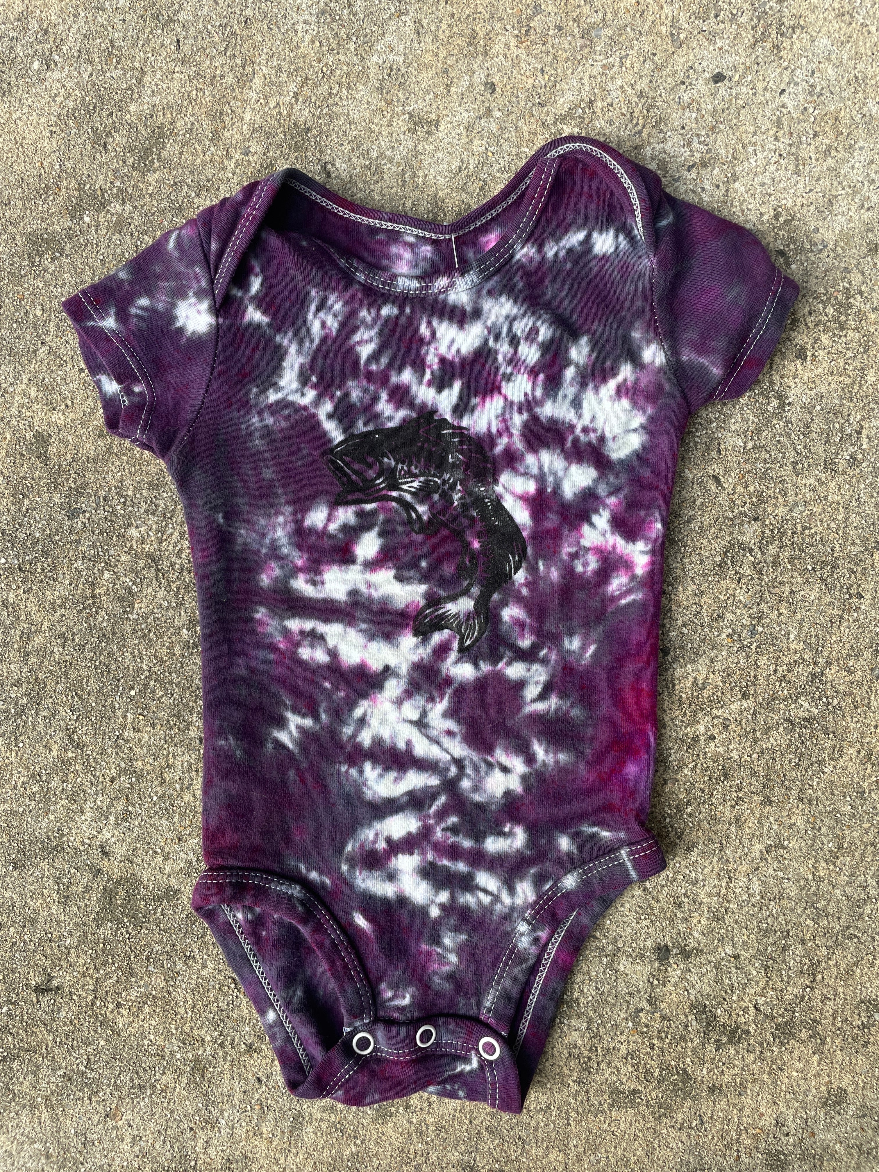 Largemouth Bass Purple & Gray Tie Dye Baby Onesie | Size 6-9 MO