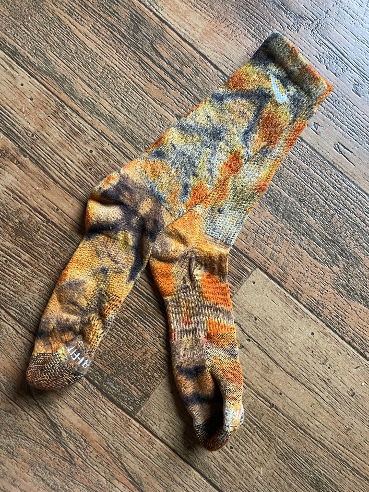 Orange, Yellow, and Black Acid Dye Socks | One-of-a-Kind Nike Dri-FIT Everyday Plus Training Socks | Size Large (Men's 9-12/Women's 10-13)