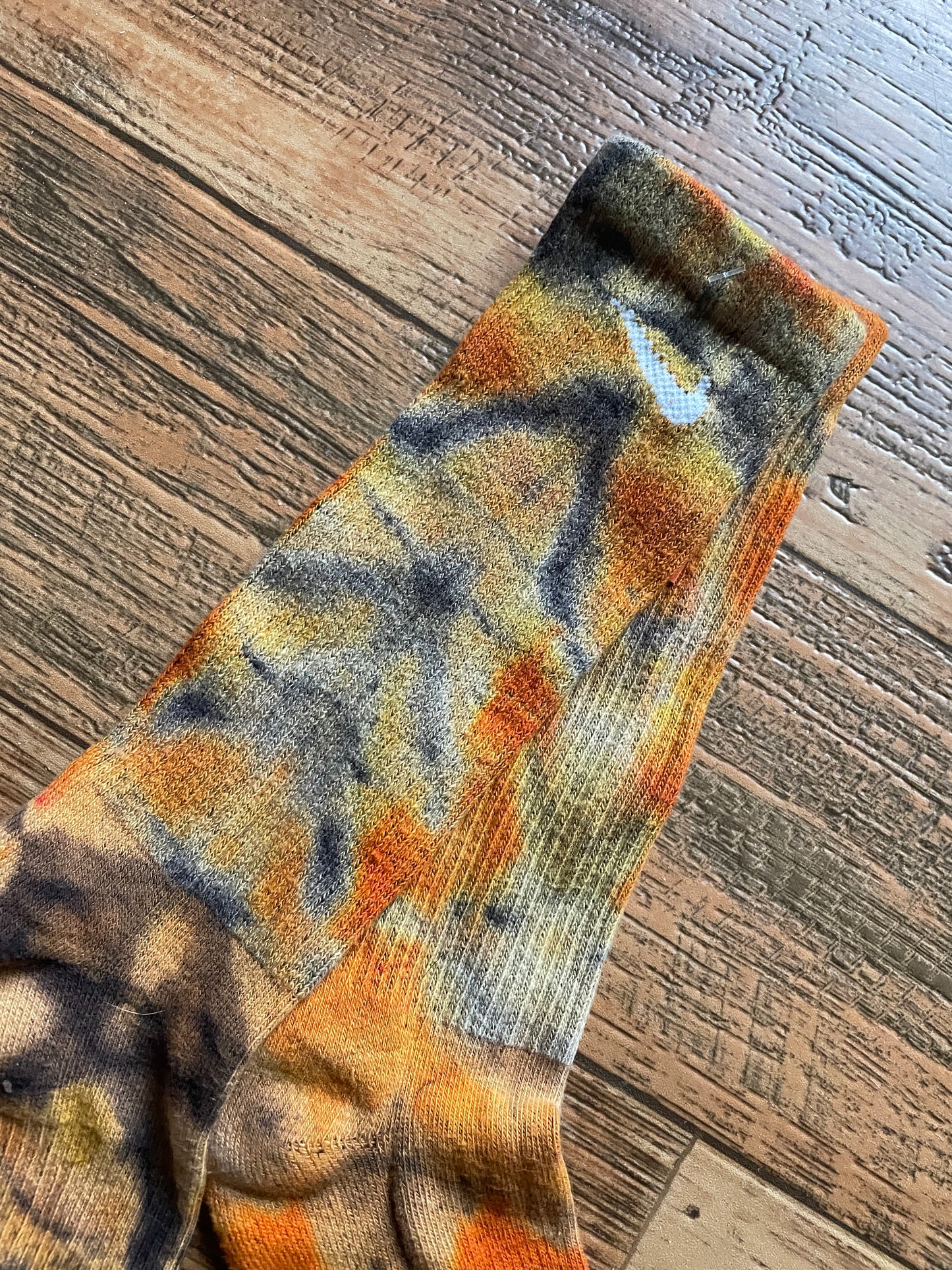 Orange, Yellow, and Black Acid Dye Socks | One-of-a-Kind Nike Dri-FIT Everyday Plus Training Socks | Size Large (Men's 9-12/Women's 10-13)