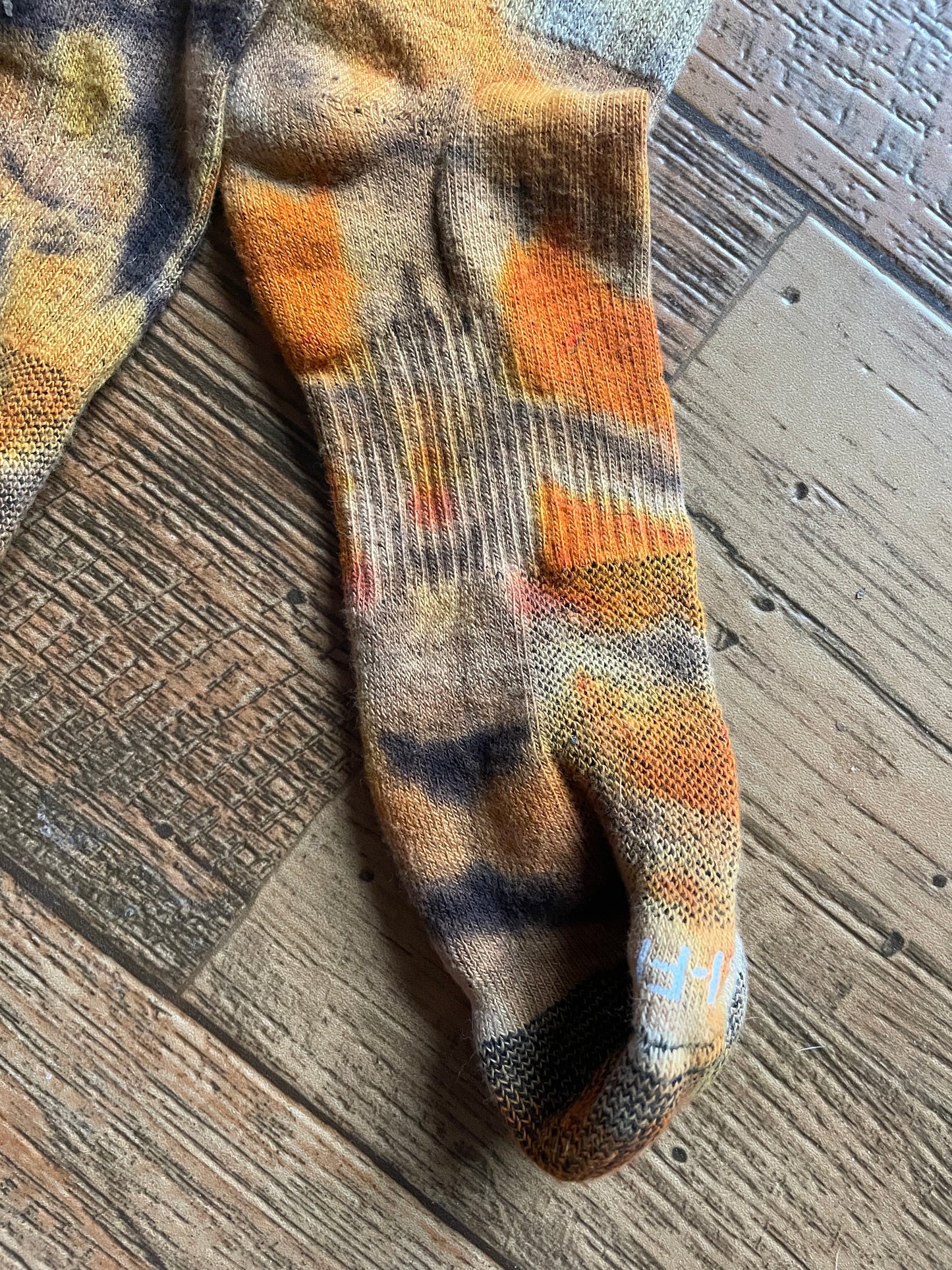 Orange, Yellow, and Black Acid Dye Socks | One-of-a-Kind Nike Dri-FIT Everyday Plus Training Socks | Size Large (Men's 9-12/Women's 10-13)