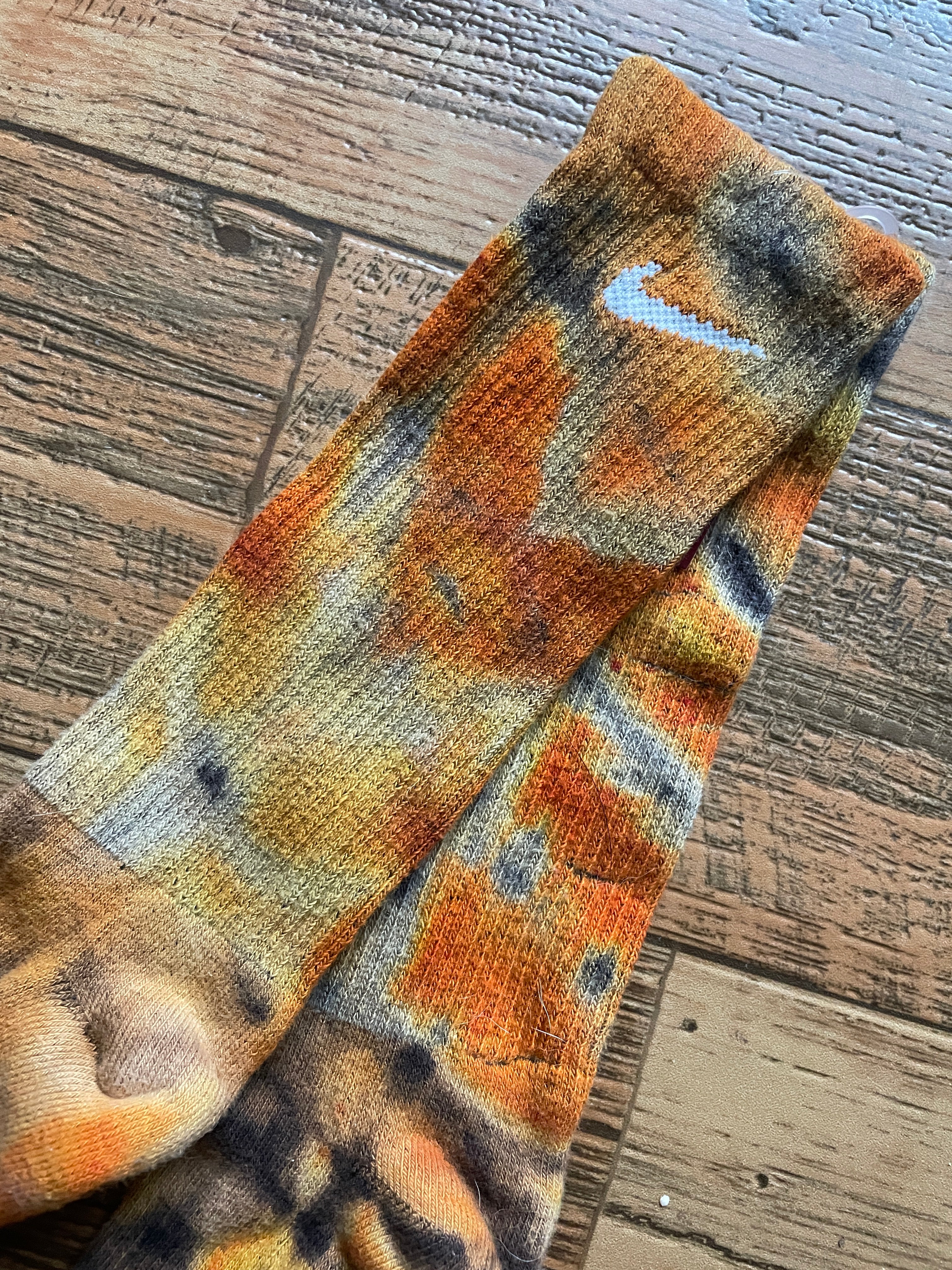 Orange, Yellow, and Black Acid Dye Socks | One-of-a-Kind Nike Dri-FIT Everyday Plus Training Socks | Size Large (Men's 9-12/Women's 10-13)